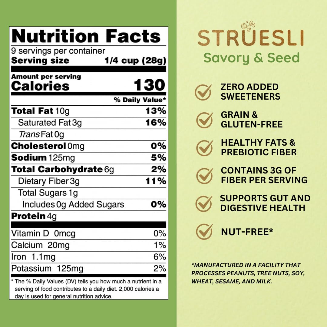 Struesli Savory & Seed Organic Granola, Nut, Grain & Gluten Free, Healthy Snacks with Pumpkin, Sunflower & Chia Seeds, Hemp Hearts, Flax, Tiger Nuts