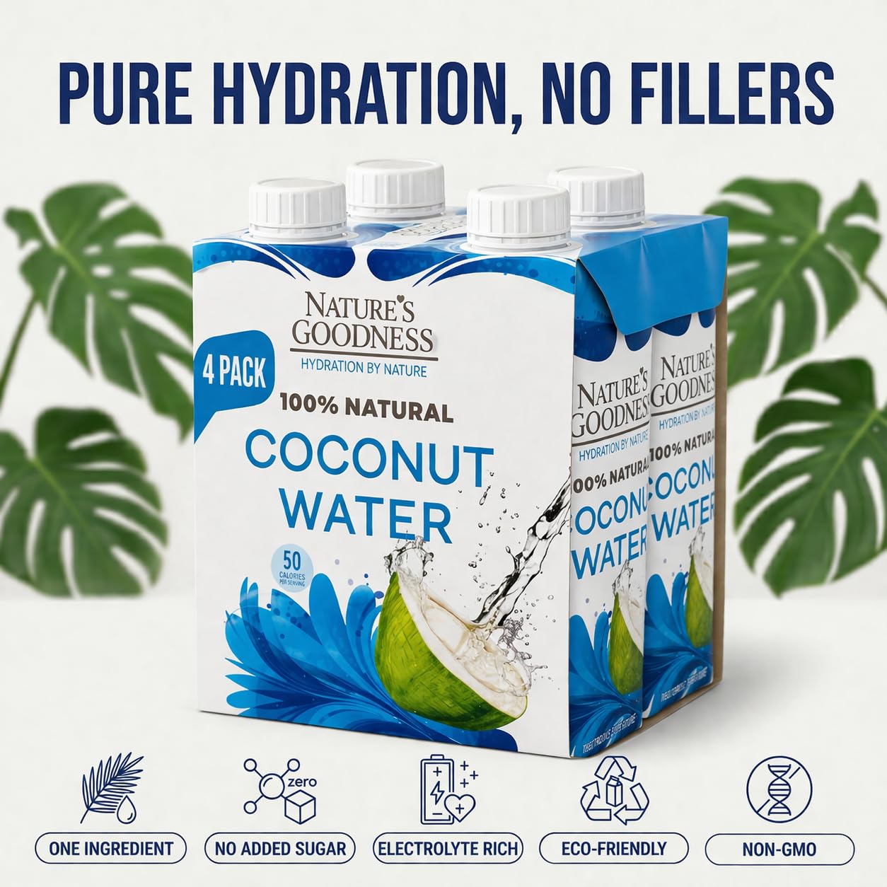 Nature's Goodness Coconut Water No Sugar Added - Unsweetened, Fat Free, Plant-Based Electrolyte Drink - 4 Pack 44.8 Fl Oz Total (4 x 330 ml)