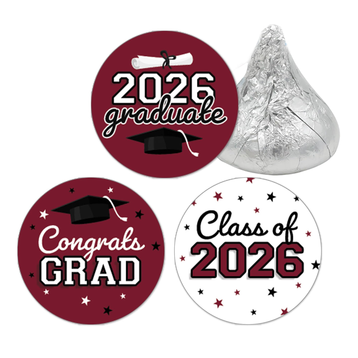 DISTINCTIVS Class of 2026 Graduation Candy Stickers for Chocolate Drops, Maroon Grad Party Favors - 216 Count