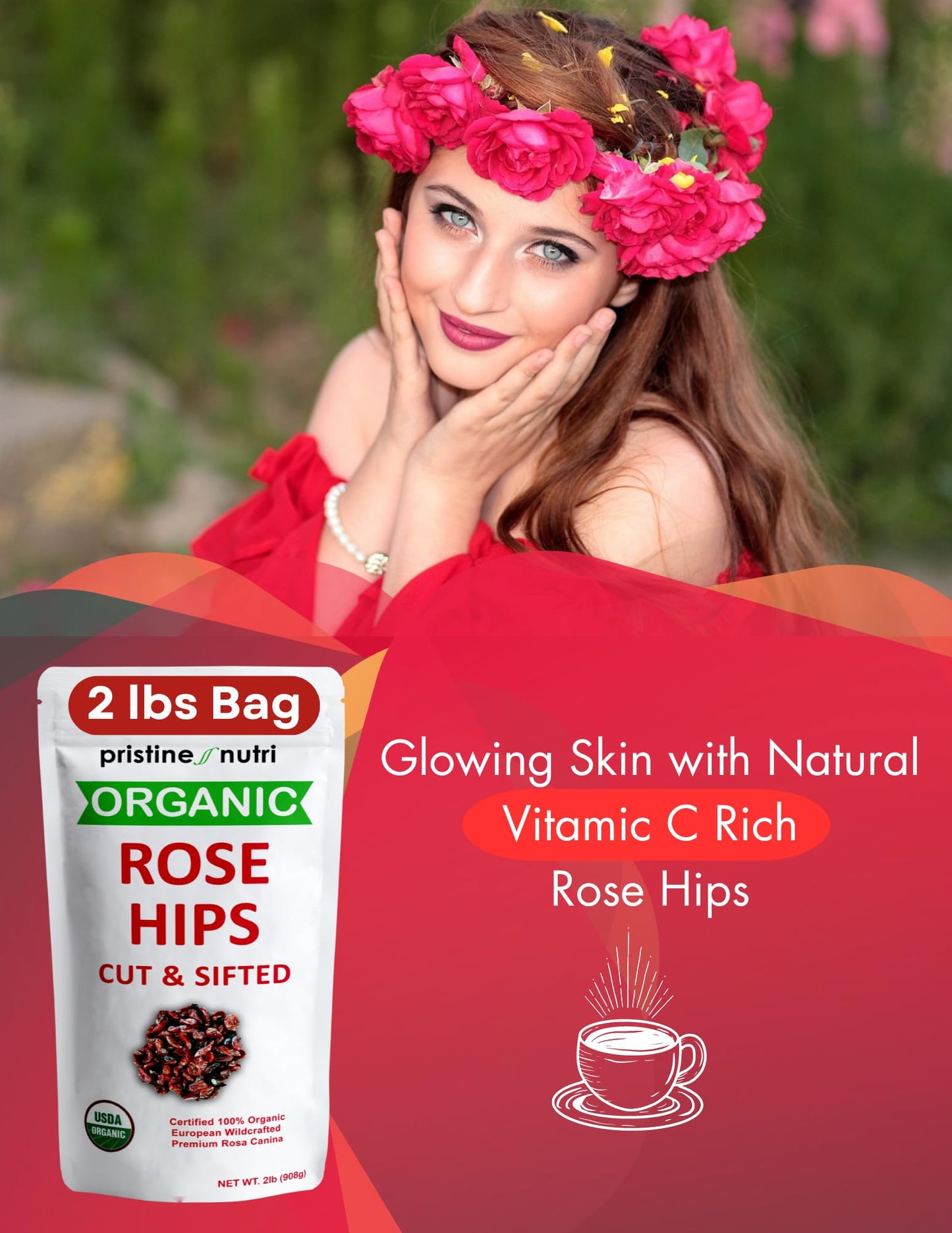2 lb (32 oz) 100% USDA Organic Rose Hips Dried Bulk, Rosehips Cut & Sifted Shells, 95% Seedless, European All Natural, Makes 140 Cups of Vitamin C