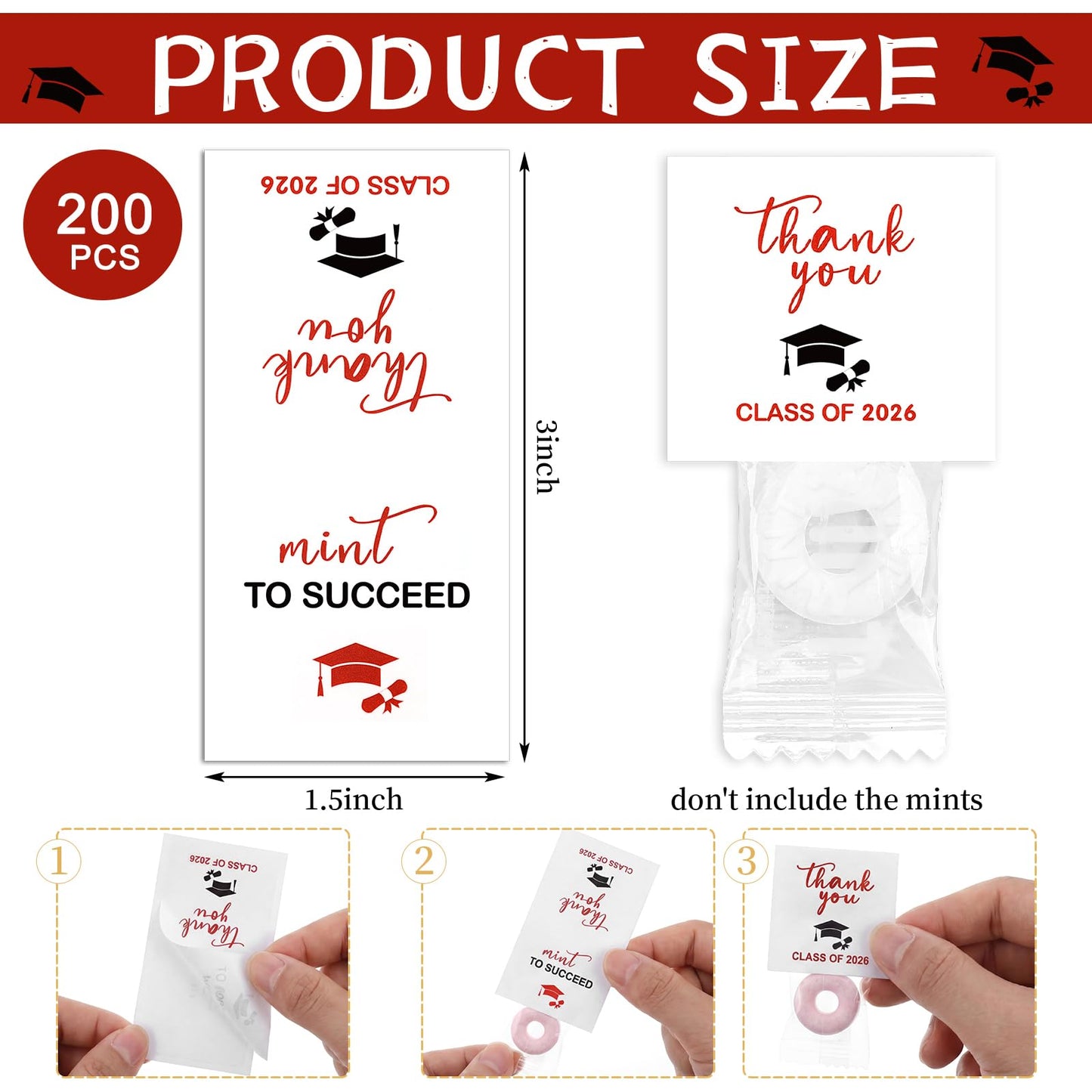Humyoun 200 Pcs Class of 2026 Mint Stickers Graduation Mint Label Graduation Candy Favor Individually Wrap Mints Thank You Sticker for 2026 End