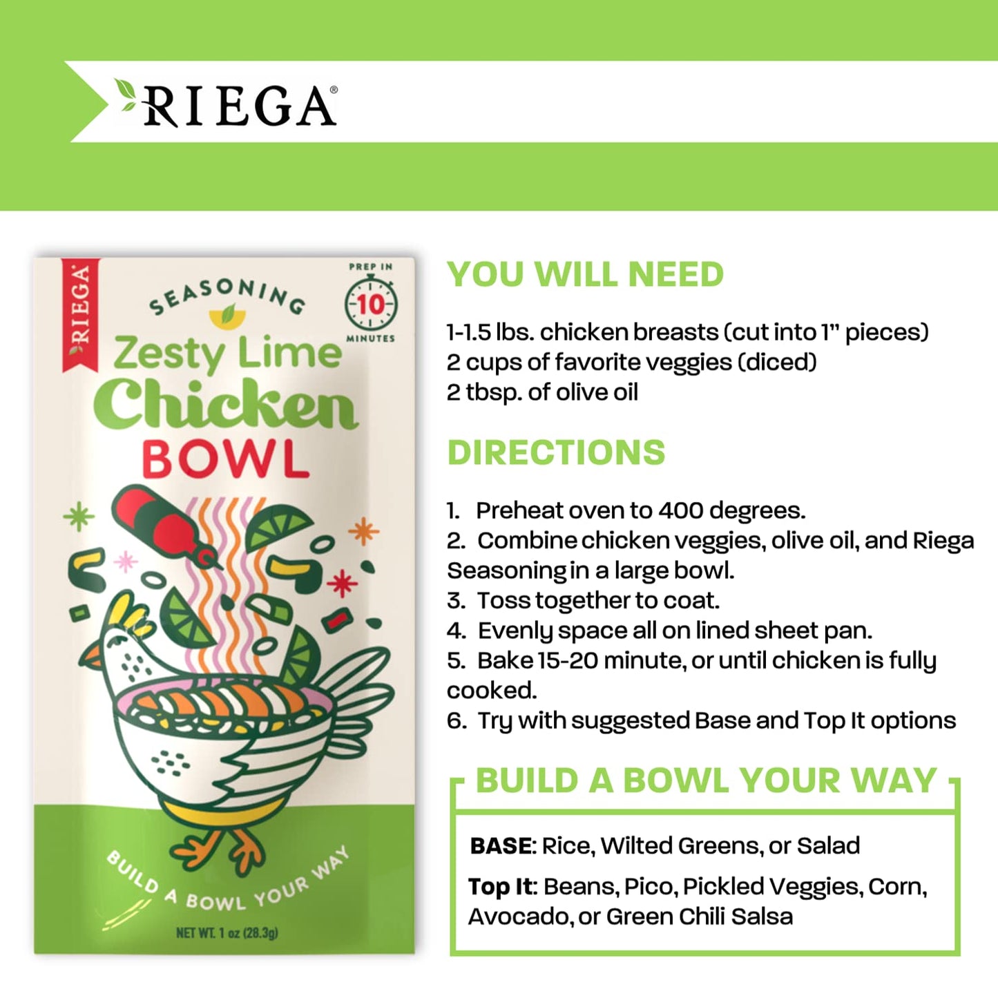 Riega Zesty Lime Chicken Seasoning, Perfect Dry Mix for Zesty Lime Chicken Salad or Rice Bowls (1 Ounce (Pack of 1))