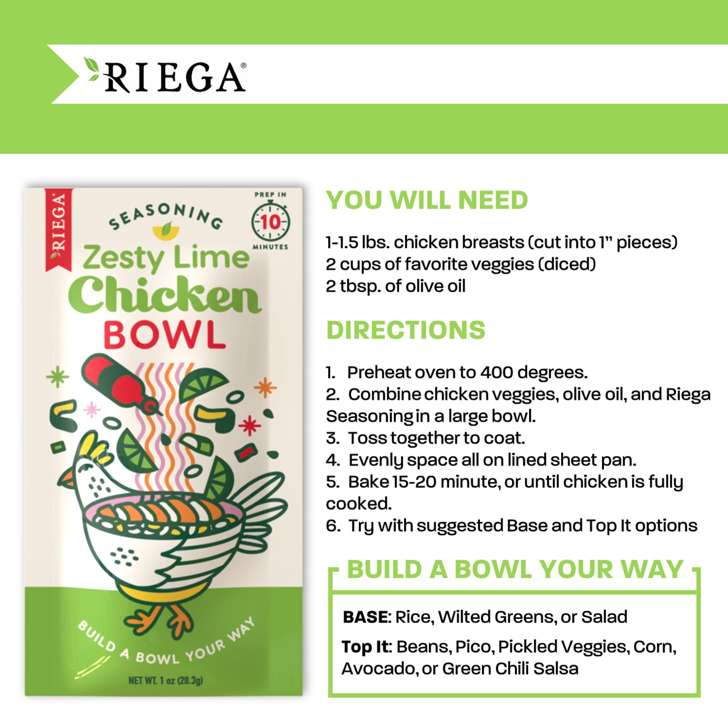 Riega Zesty Lime Chicken Seasoning, Perfect Dry Mix for Zesty Lime Chicken Salad or Rice Bowls (1 Ounce (Pack of 1))