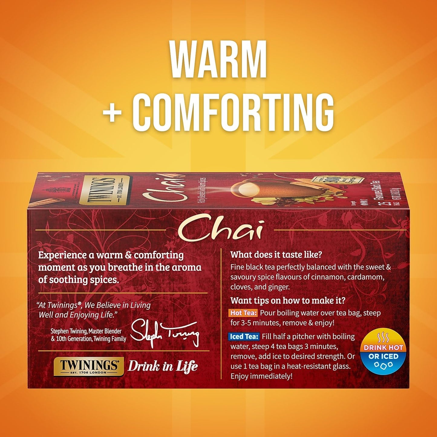 TWININGS 09185 Tea Bags, Chai, 1.76 oz, 25/Box