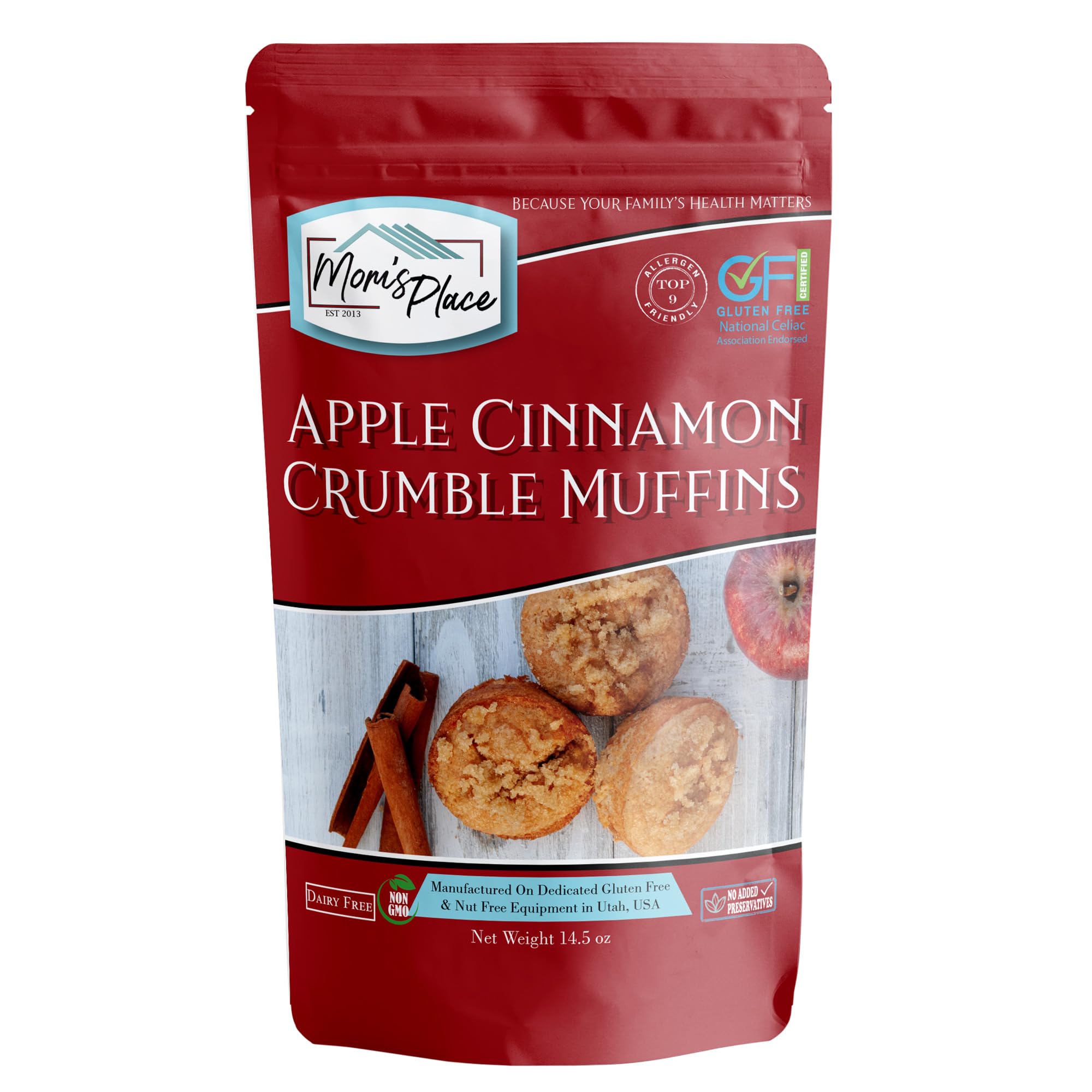 Mom's Place Gluten-Free Apple Cinnamon Crumble Muffin Mix, Easy to Make, Nut Free, Soy Free & Dairy Free, 12 Servings, 14.5 oz