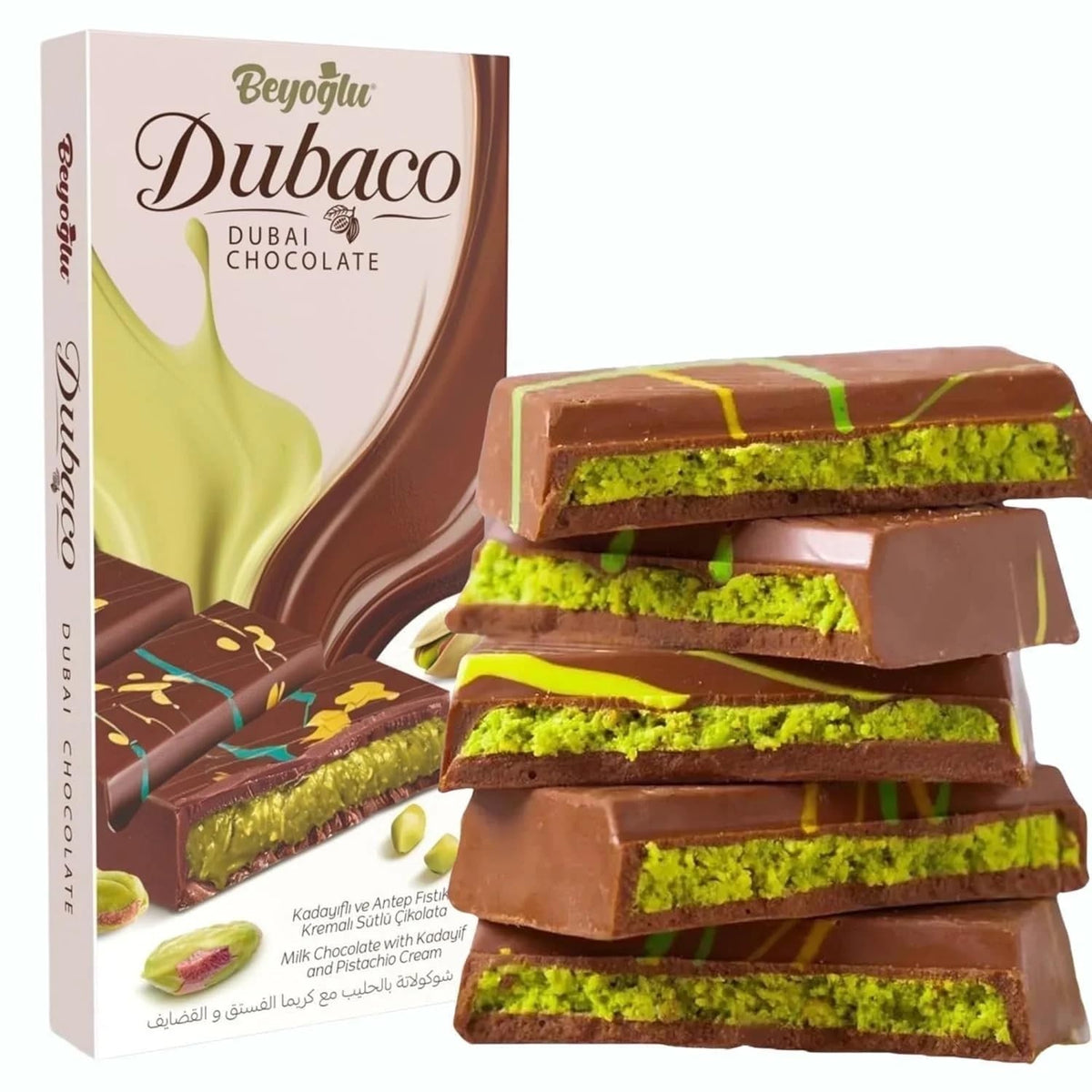 Beyoglu Dubaco Dubai Chocolate Bar - Turkish Pistachio Chocolate with Tahini & Crispy Kadayif | 7 oz Middle Eastern Gourmet Milk Chocolate Imported
