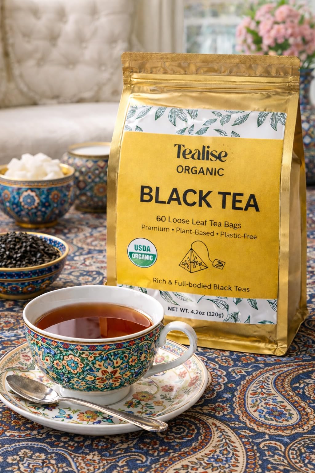 Organic Black Tea Plant-Based & Plastic-Free Tea Bags 60 Servings Premium Whole Leaf Loose Tea by Tealise