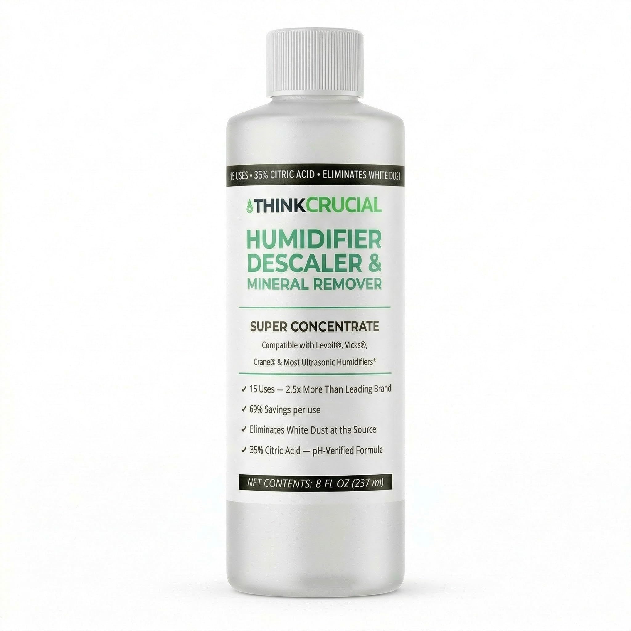 Think Crucial Humidifier Descaler - Clears White Dust - 15 Uses - Compatible with Levoit, Vicks, Crane - 8 fl oz