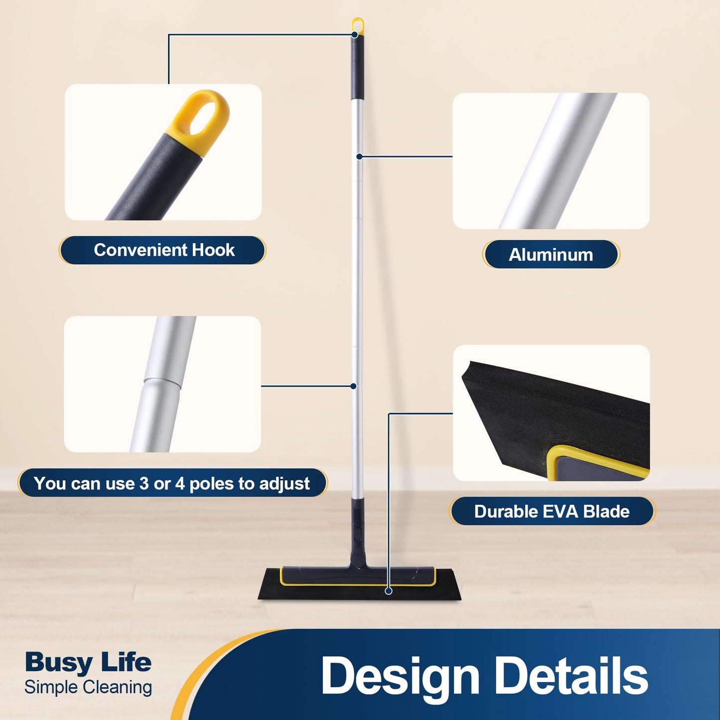 Yocada Floor Squeegee Broom EVA Foam Blade Aluminum Pole for Shower Bathroom Kitchen Home Tile Pet Hair Fur Floor Marble Glass Window Water Foam