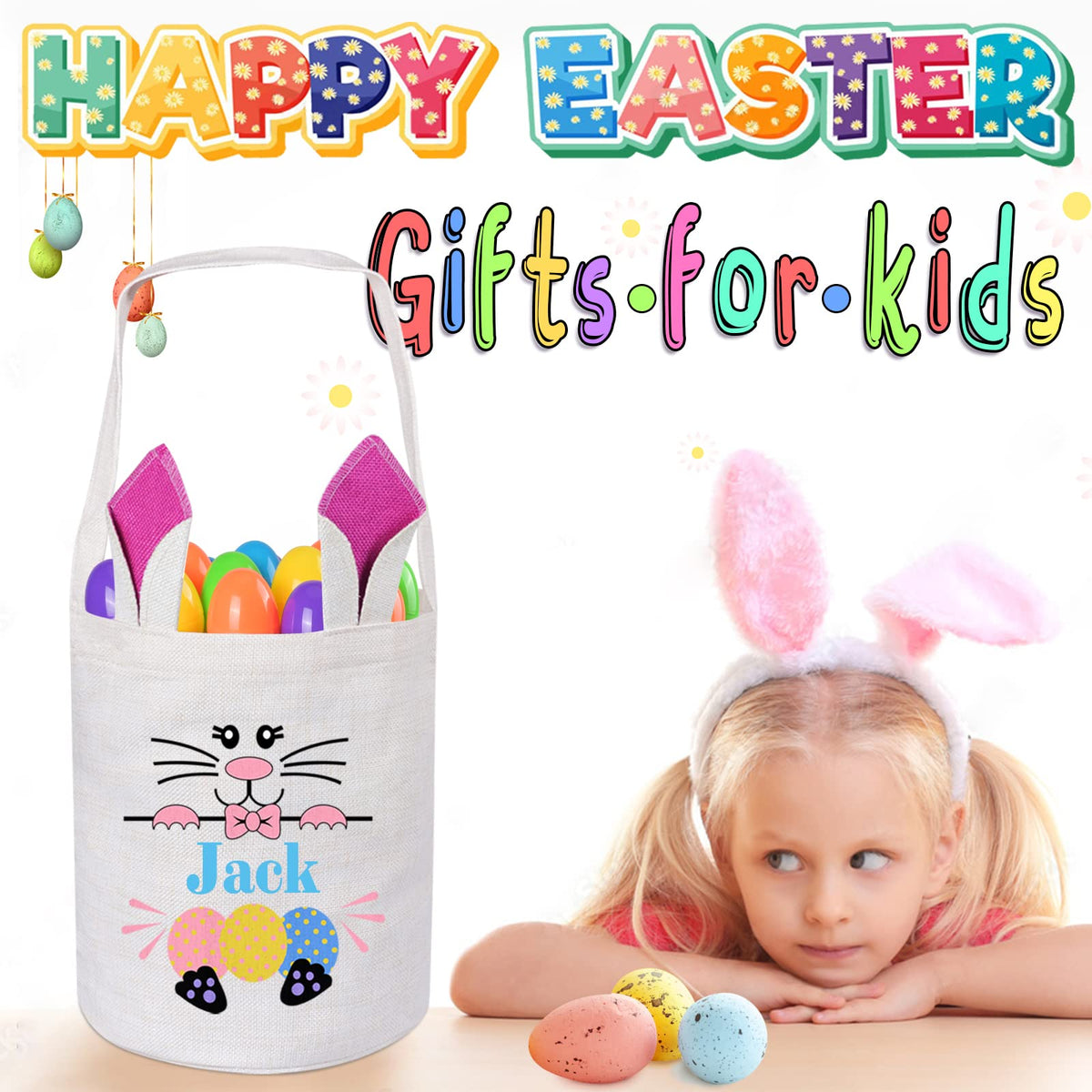 Personalized Easter Basket, Touber Easter Bunny Basket Bags Custom Easter Basket Easter Baskets for Kids Personalized Easter Gifts for Kids Easter Egg