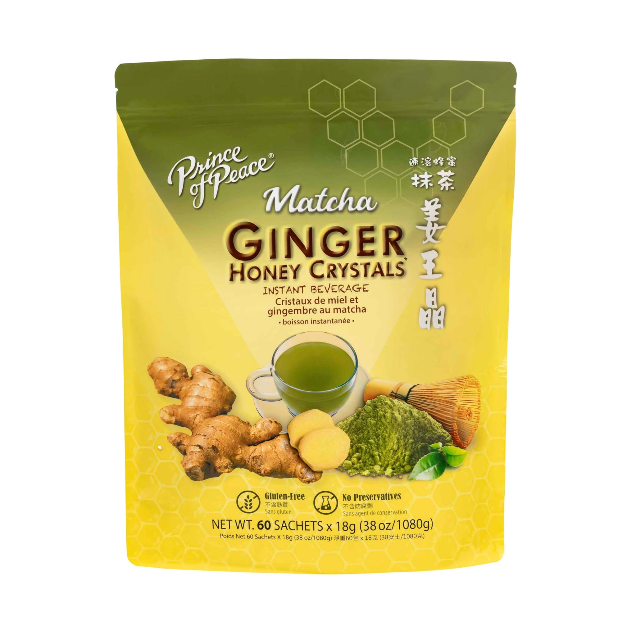 Prince of Peace Instant Ginger Honey Crystals with Matcha, 60 Sachets - Instant Hot or Cold Beverage that Soothes Throat - Easy to Brew - Drink Like a