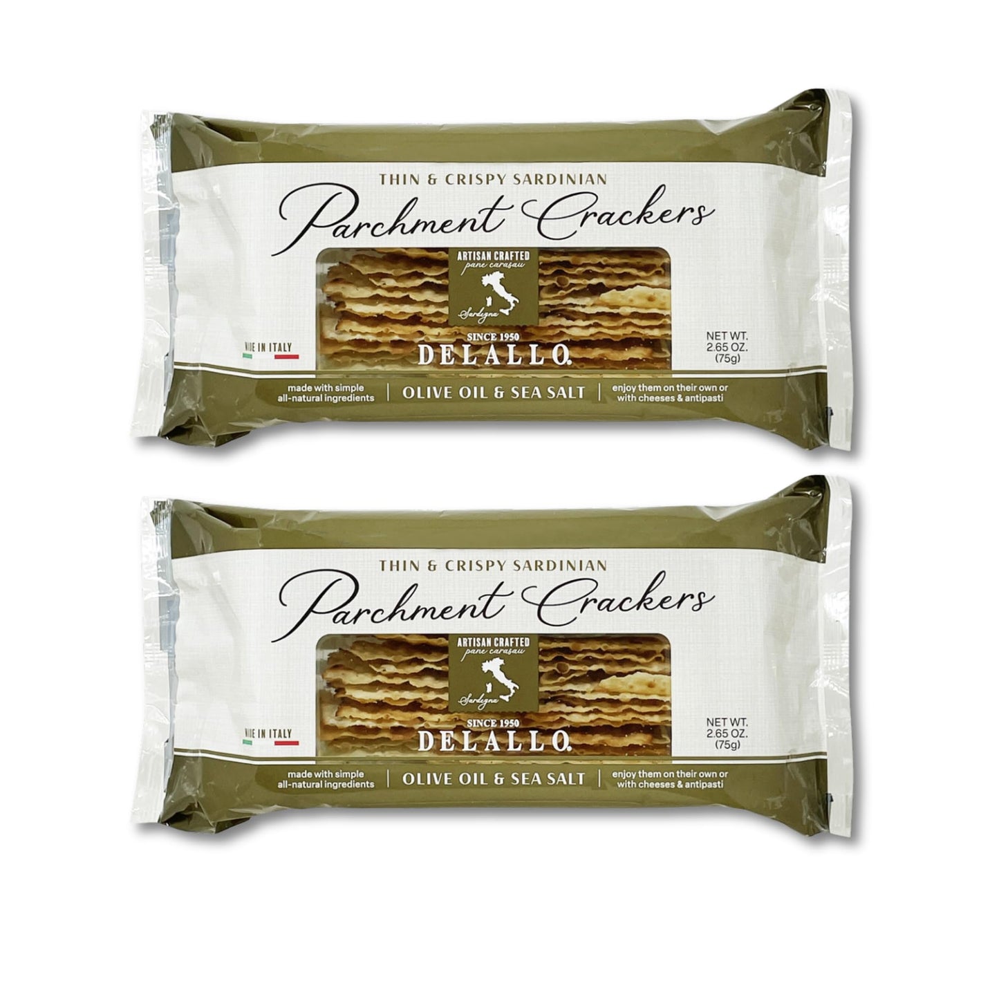 DeLallo Parchment Crackers, Flatbread Crackers with Crisp Light Texture, Made in Italy with Italian Olive Oil, Preservative Free, Non-GMO, Vegan, 2.65