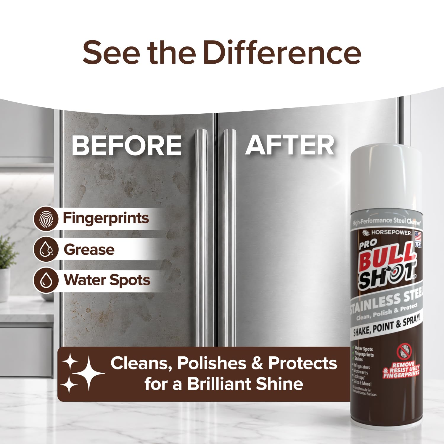 Horsepower Bull Shot Stainless Steel Cleaner Spray, As Seen On TV, Cleans, Polishes & Protects, Removes Greasy Fingerprints & Streaks