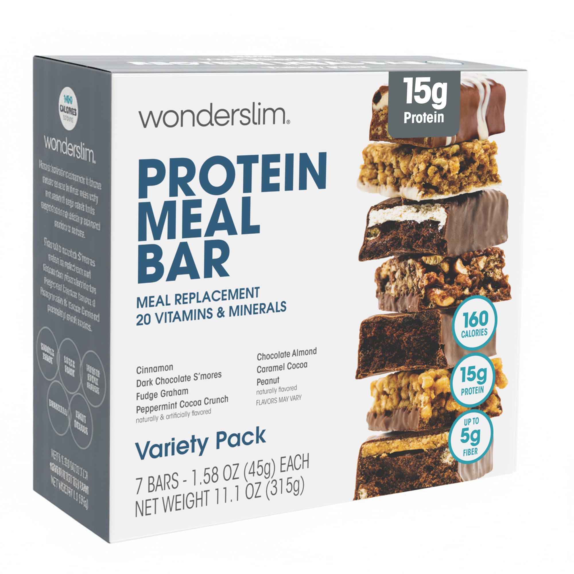 WonderSlim Meal Replacement Protein Bar, Variety Pack, 15g Protein, 20 Vitamins & Minerals (7ct)