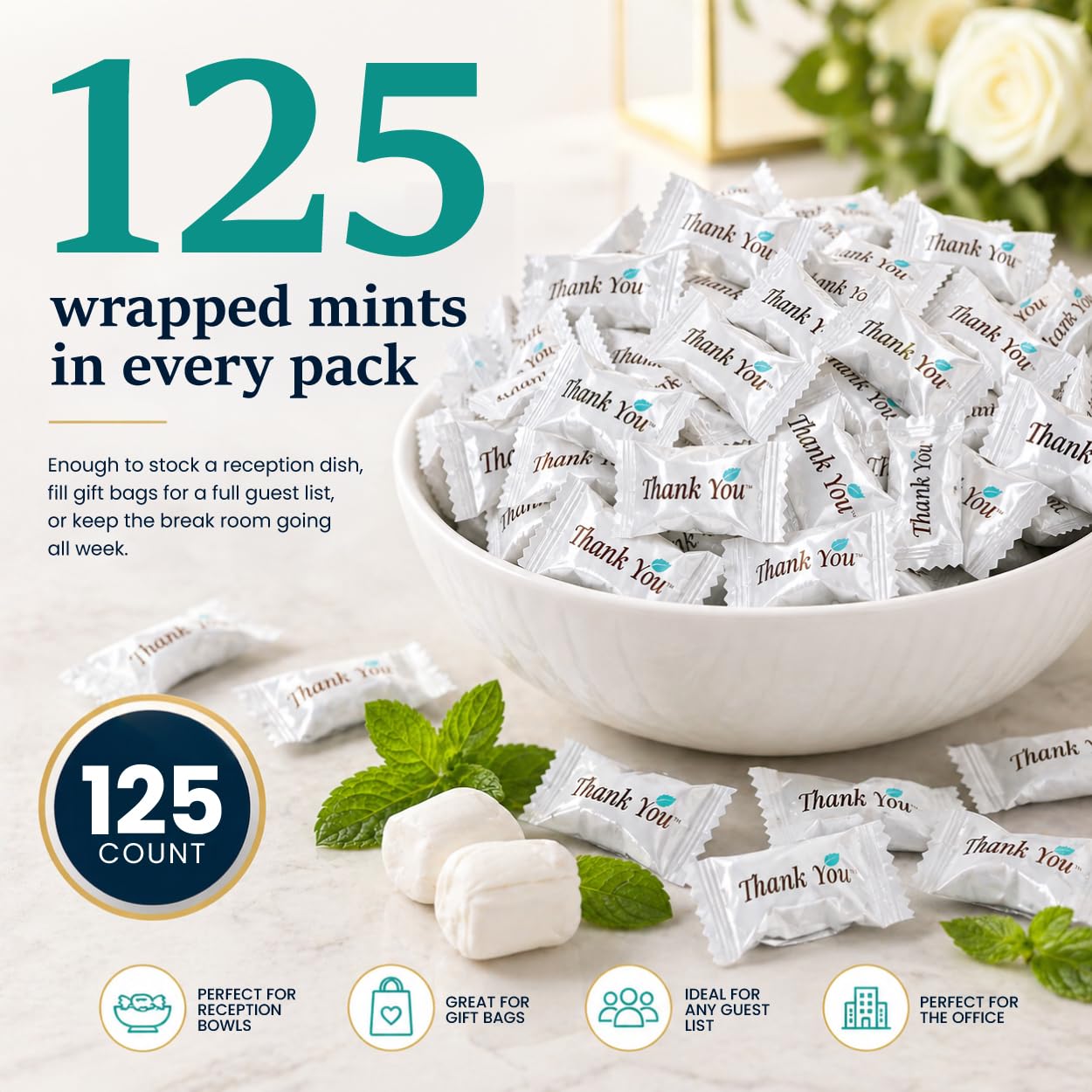 Stock Your Home Thank You Buttermints, Approx. 125 Count - Individually Wrapped Butter Mints, Soft Creamy Mint Candy, Kosher, Made in USA, Perfect