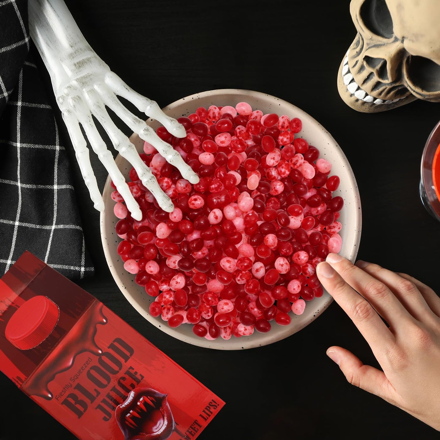 Blood Juice Halloween Jelly Beans - 4 Pack Red Bottle Cartons Filled with Red Jelly Bean Candy - Spooky Prank Novelty Gift for Party, Haunted Houses