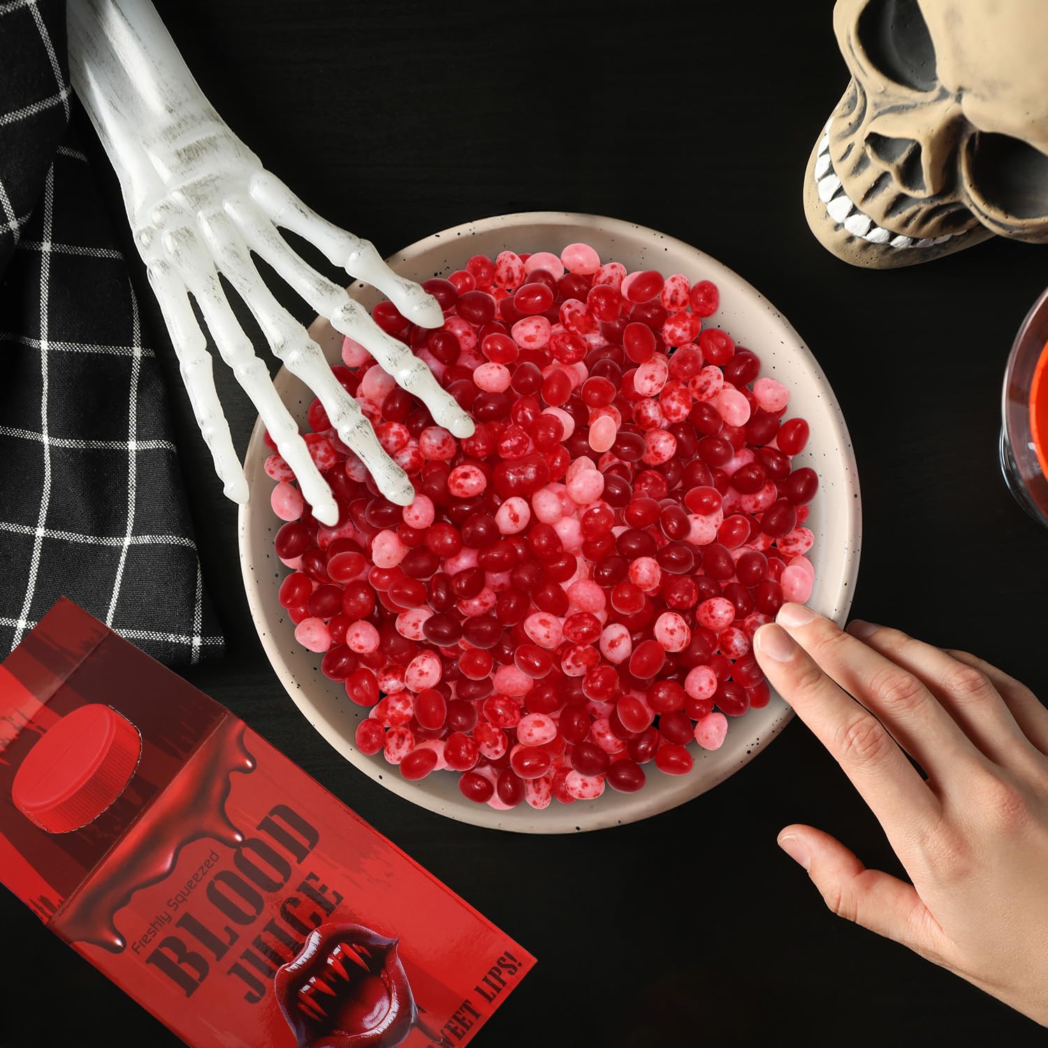 Blood Juice Halloween Jelly Beans - 4 Pack Red Bottle Cartons Filled with Red Jelly Bean Candy - Spooky Prank Novelty Gift for Party, Haunted Houses