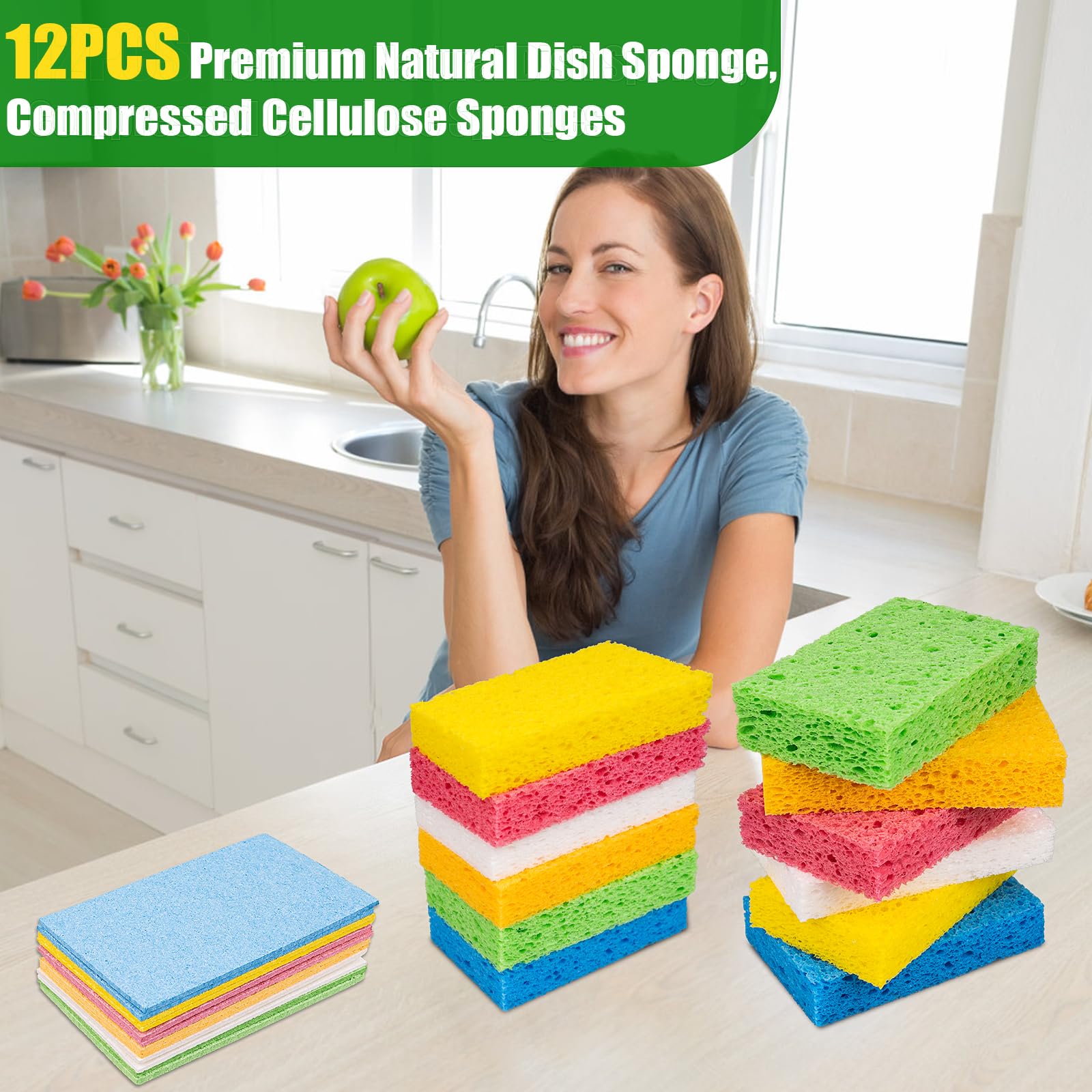 VUKOKU 12 PCS Kitchen Sponges, Natural Compressed Cellulose Sponges, Non-Scratch Reusable Sponges for Kitchen Dish Washing, Scrub Sponge for Cleaning