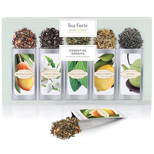 Tea Forte Single Steeps Loose Leaf Tea Sampler, Assorted Variety Tea Box, 15 Single Serve Pouches, Green Tea
