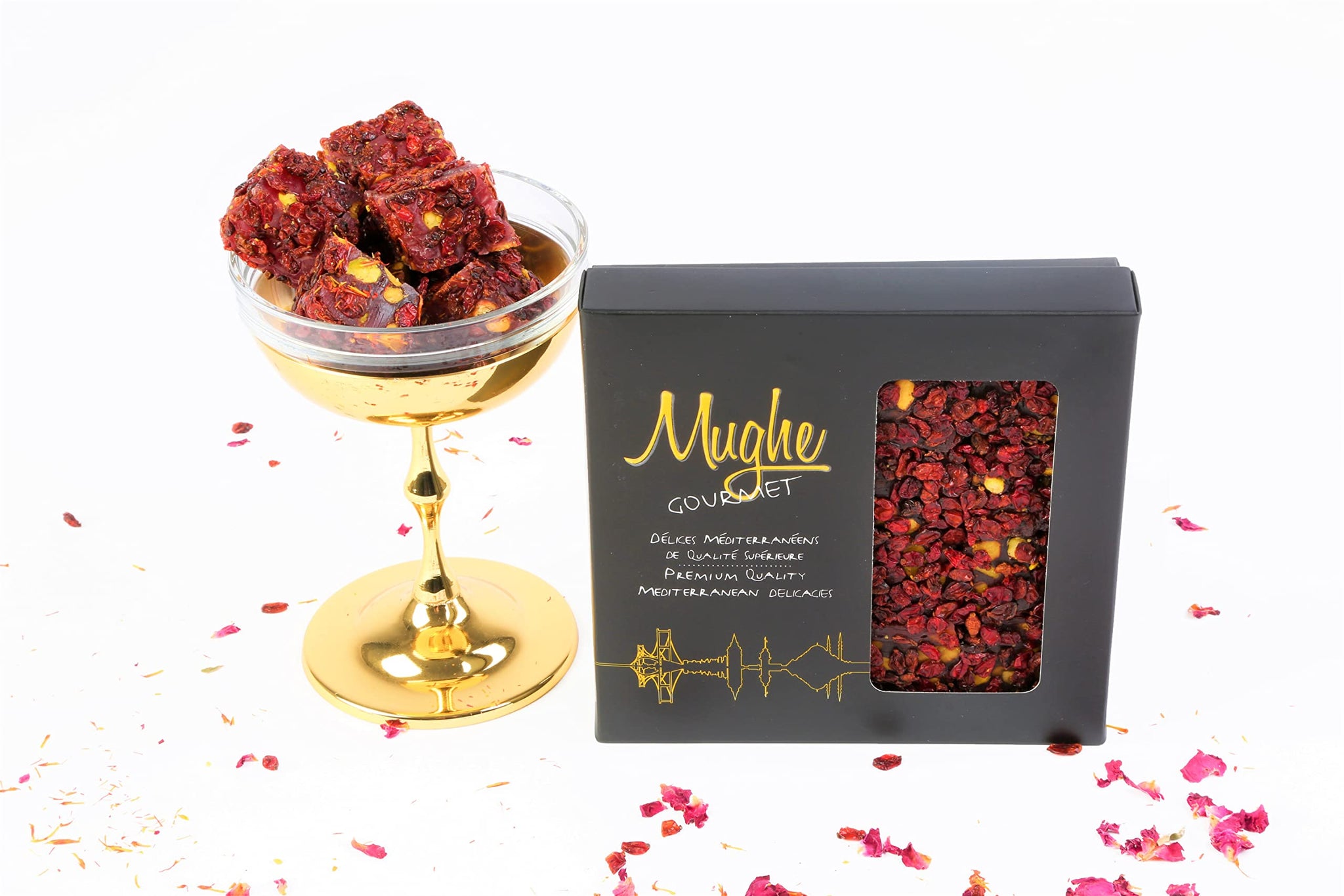 Mughe Gourmet Luxury Zereshk Barberry Pistachios Turkish Delight with Pomegranate Flavor 360g-20pc - Gourmet Gift Box - Sweet and Sour Zereshk Grape