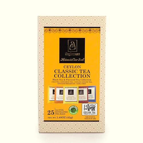 Ceylonzon Variety Pack of 5 Flavor Premium Ceylon Tea Classic Taste 5 Tea Bags of Each Flavor, Cinnamon, Ginger, Chai, English Breakfast and Earl Grey