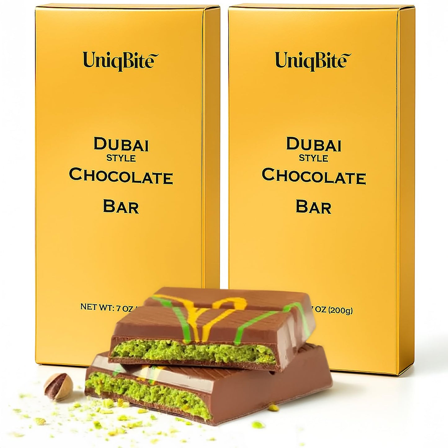 UniqBite Dubai Chocolate Bar Pistachio, Crunchy Loaded Viral Knafeh Chocolate Bar with Pistachio Cream and Kataifi (14 Ounces (2 Pack))