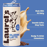 Laurels Coffee Classic Vanilla Latte Ready to Drink, Canned Iced Coffee Beverage with Organic A2 Milk, Smooth Vanilla Flavor, 80mg Caffeine, On-the-Go