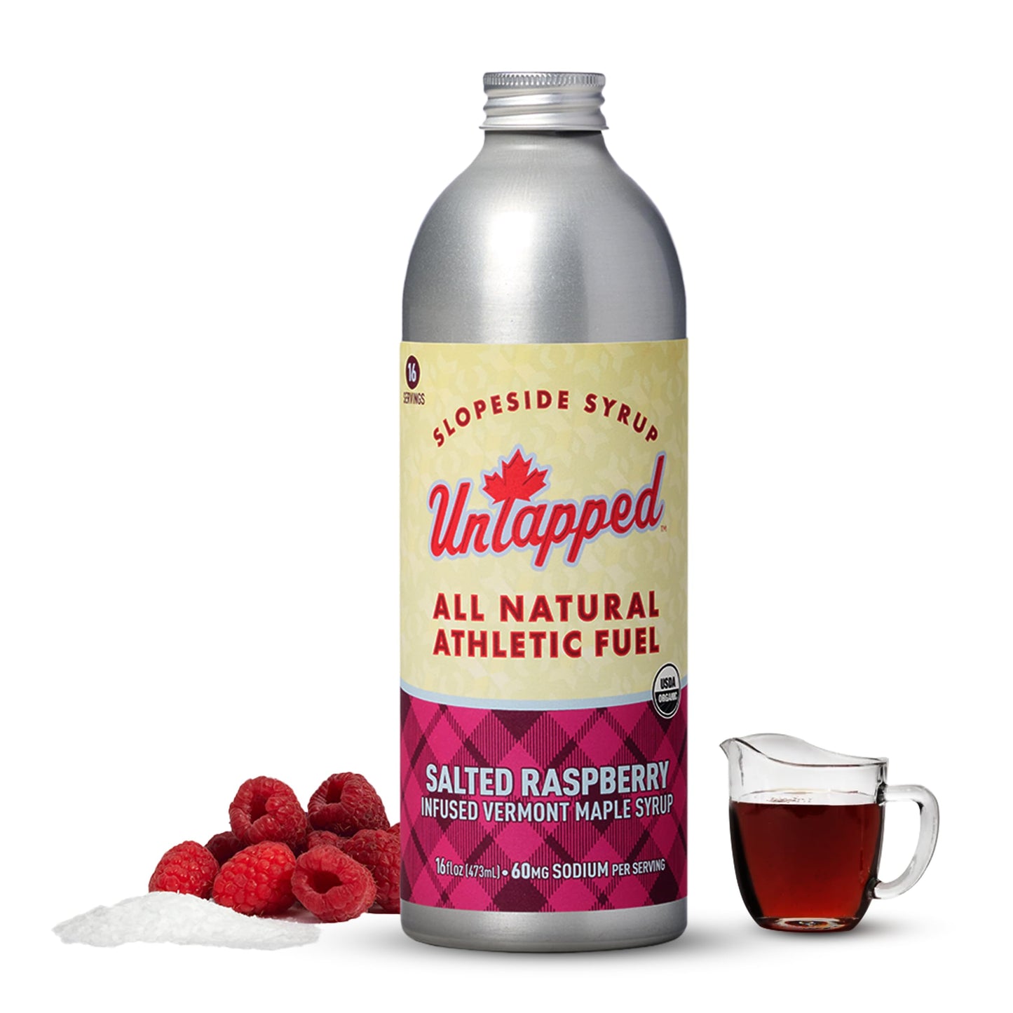 UnTapped Salted Raspberry Bulk Bottle - 16 Servings | 16 Fl Oz Aluminum Bottle | Pure Vermont Maple Syrup with Organic Raspberry Juice and Sea Salt