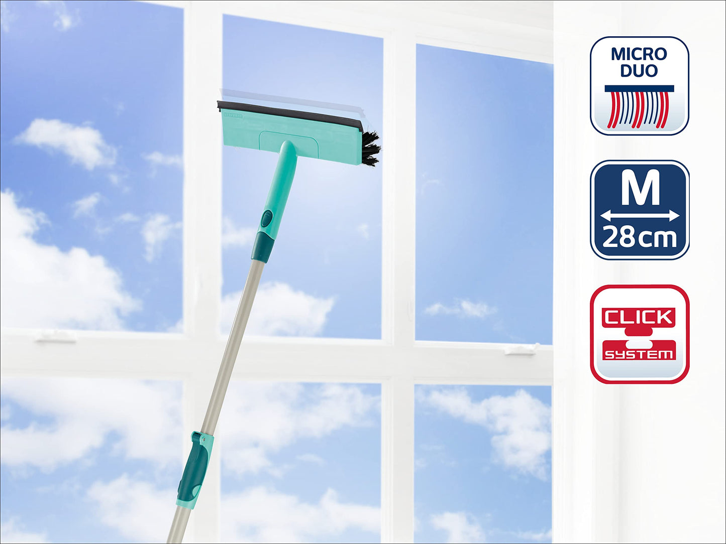 Leifheit Window Cleaner with Brush and Squeegee and Click System Telescopic Handle, 110-190 cm, Window Washer, Window Brush