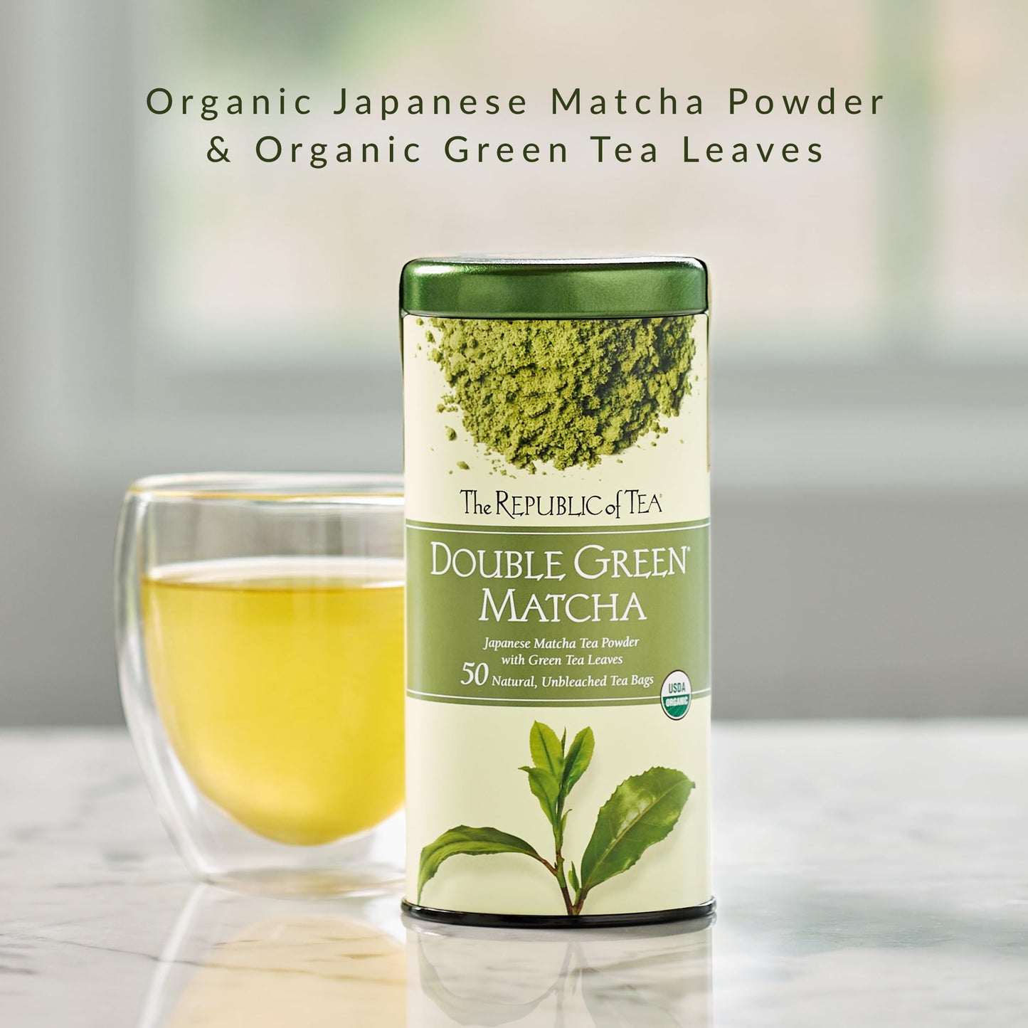 The Republic of Tea Organic Double Green Matcha, Individual Tea Bags with Japanese Matcha Tea Powder and Green Tea Leaves Blend, Natural Unbleached