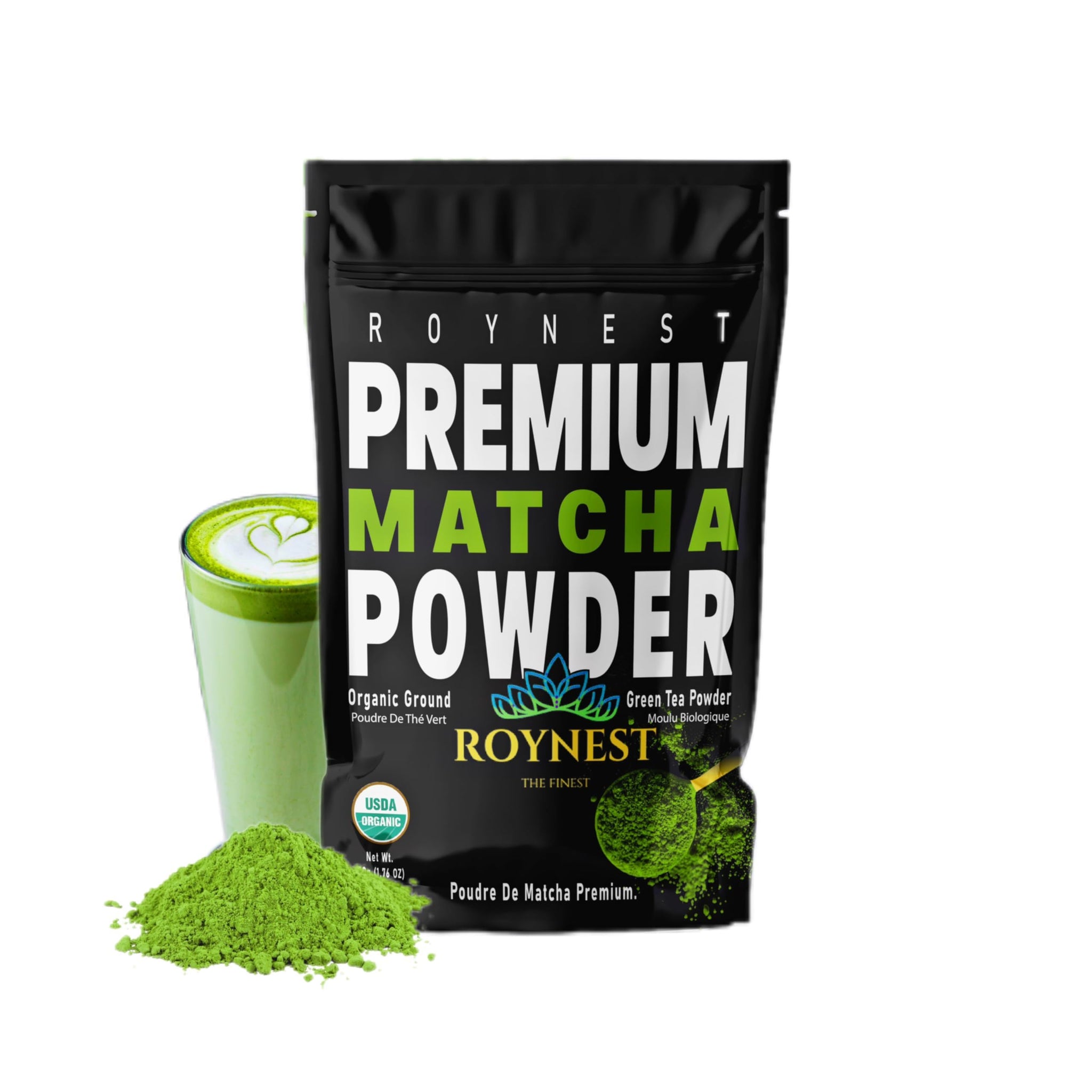 Roynest Premium Certified Organic Matcha Powder - 100% Pure Matcha for Iced Lattes, Smoothies, Cold Drinks & Baking - Clean Energy, Vegan, Non-GMO