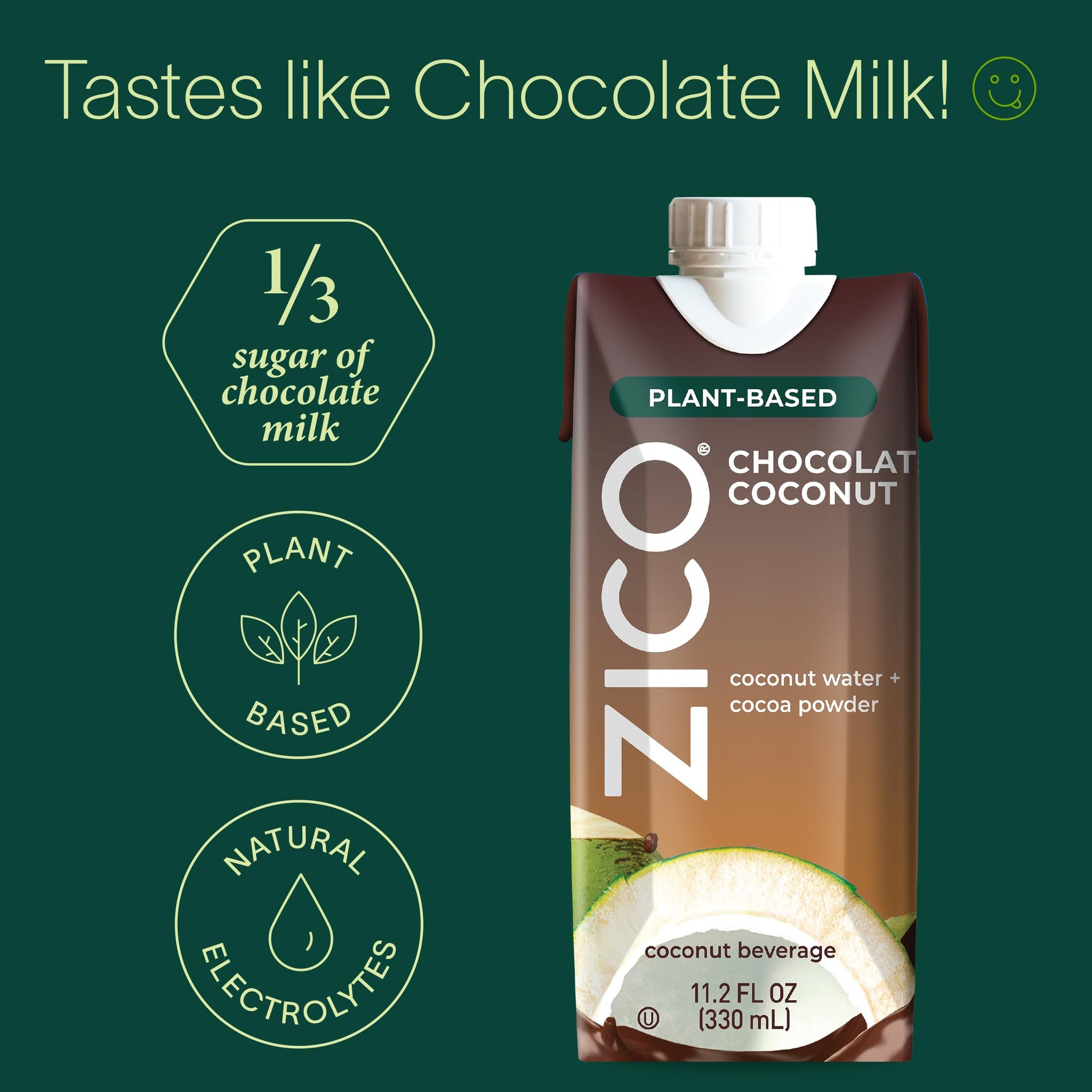 Zico Chocolate Coconut Water, Dairy-free, Plant-based, tastes like Chocolate Milk, 11.2 Fl Oz (Pack of 12)
