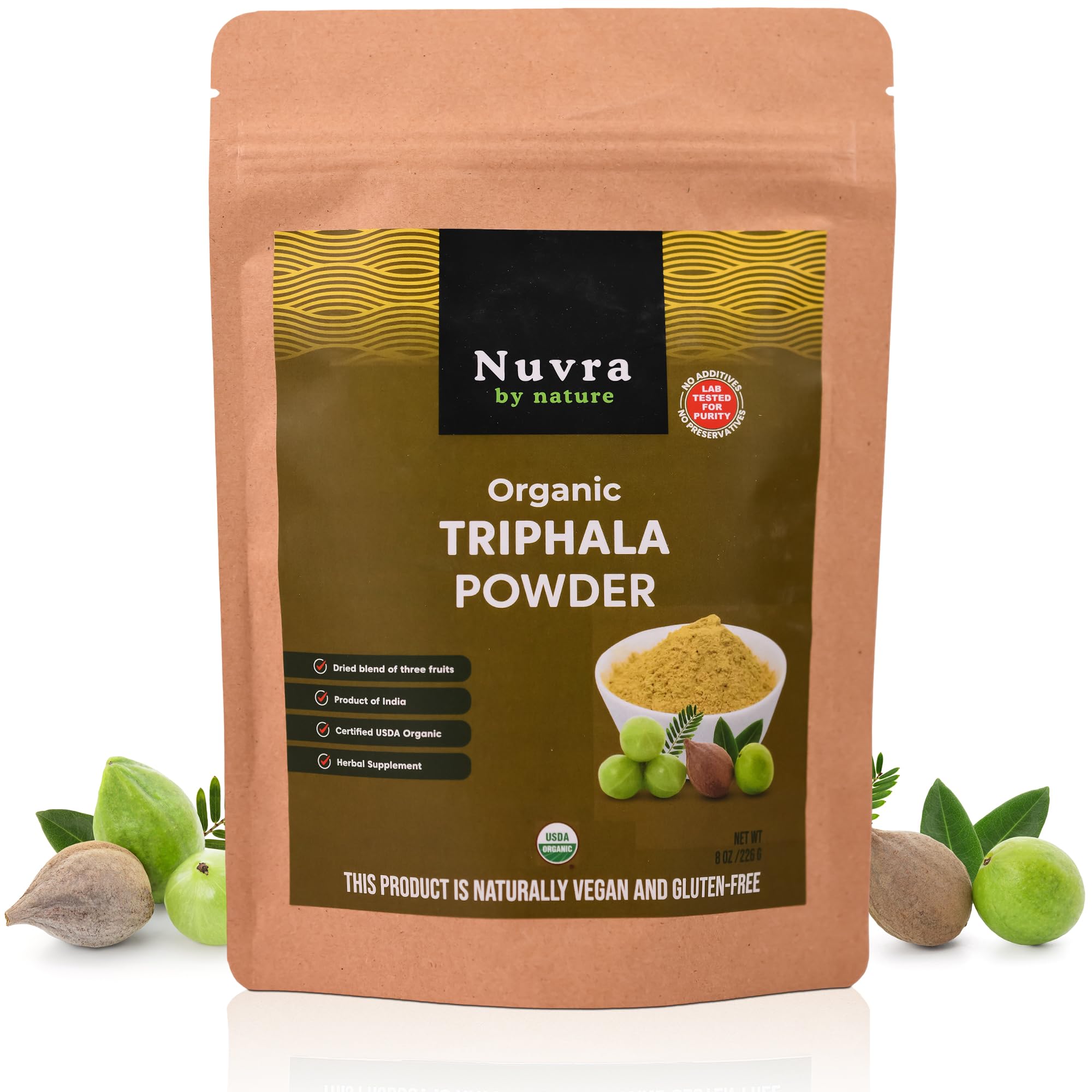 Nuvra by Nature Organic Triphala Powder - 8 oz | Herbal Mix of Amla, Bibhitaki and Haritaki | 100% Pure & Natural | Supports Immunity and Gut Health |