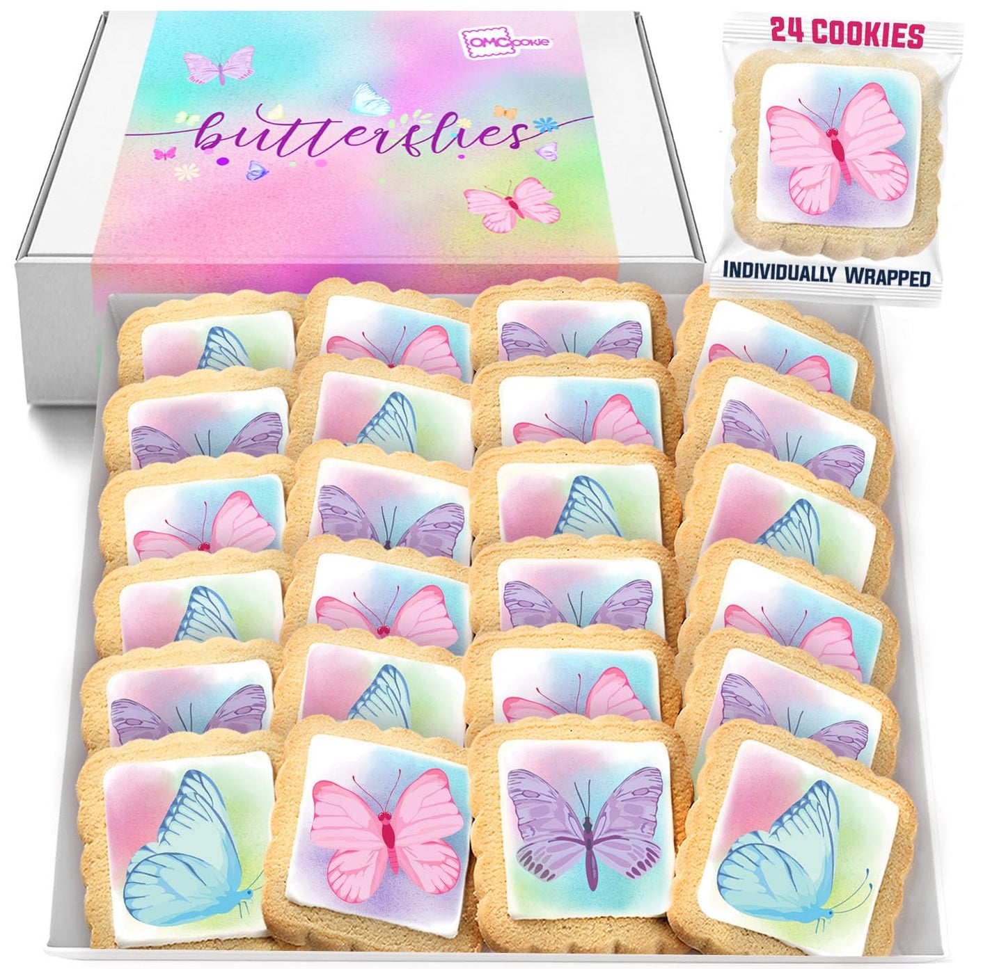 Butterfly Cookies 24 Pack Party Favors Basket Stuffers Decorated | INDIVIDUALLY WRAPPED Butterflies Sugar Cookies | Gift Basket Peanut & Nut Free Bulk