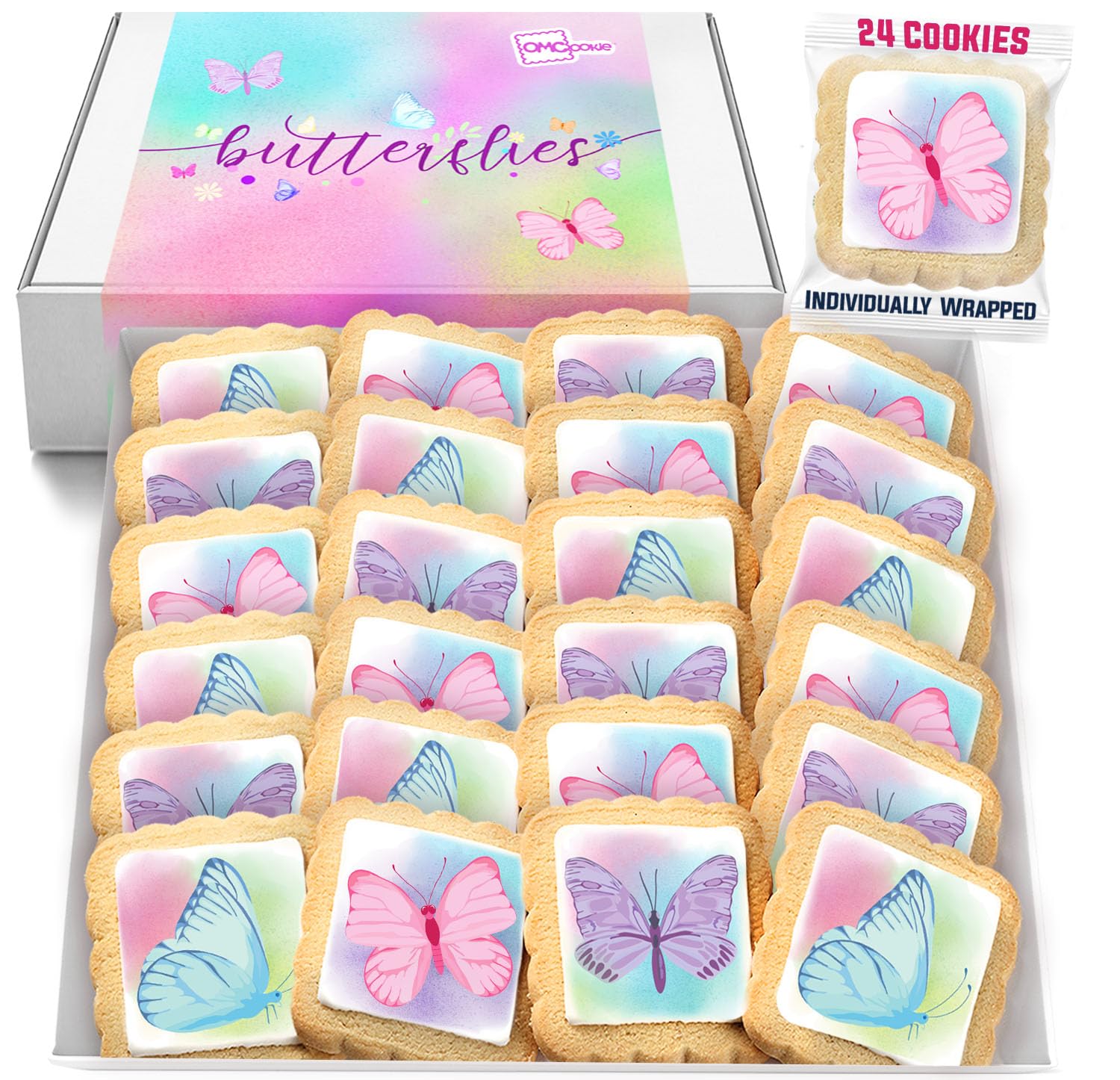 Butterfly Cookies 24 Pack Party Favors Basket Stuffers Decorated | INDIVIDUALLY WRAPPED Butterflies Sugar Cookies | Gift Basket Peanut & Nut Free Bulk