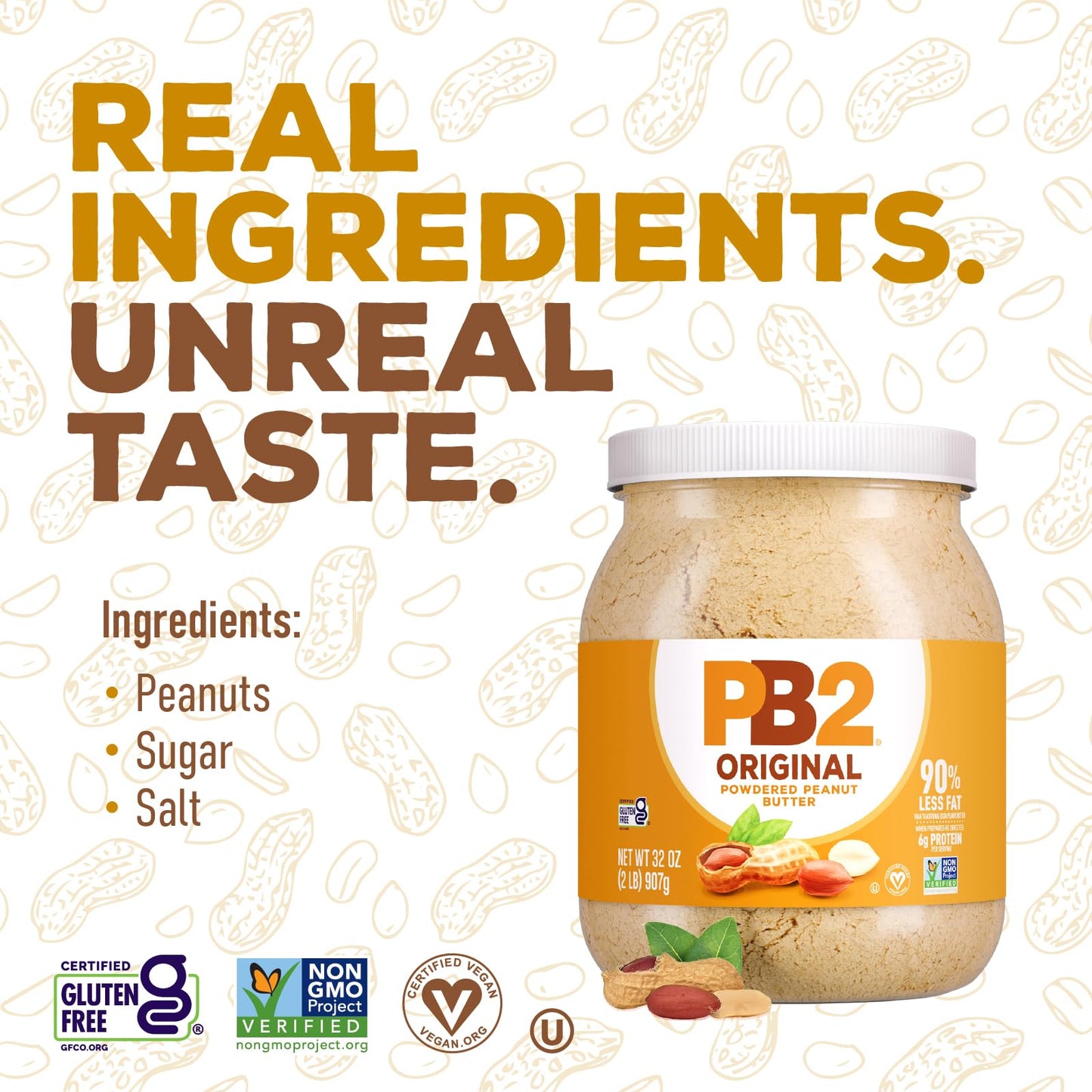 PB2 Original Powdered Peanut Butter - [32 Ounce Jar] 6g of Protein, 90% Less Fat, Certified Gluten Free, Only 60 Calories per Serving, Perfect