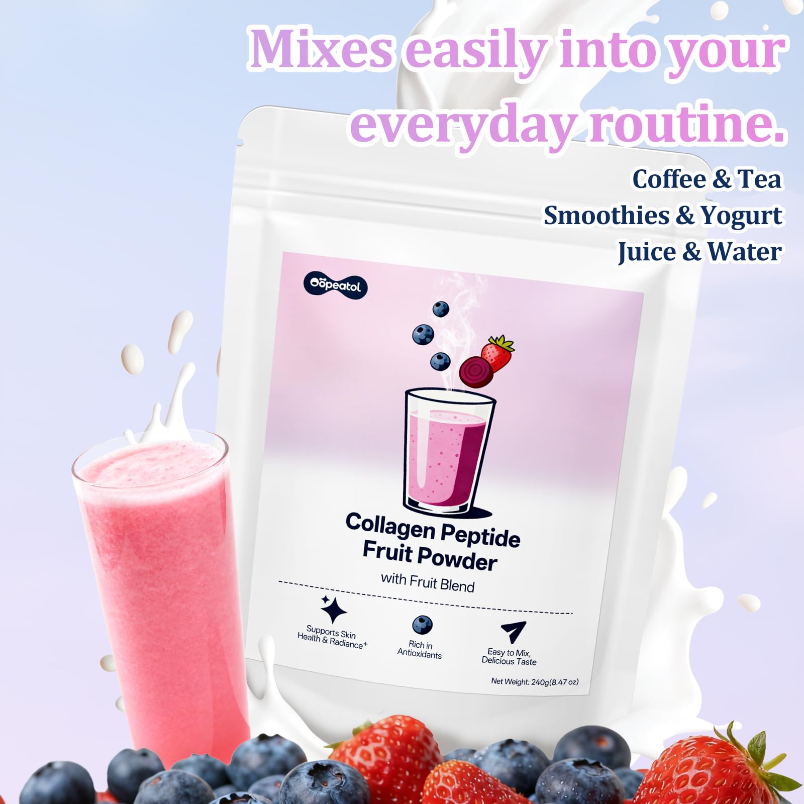 Oopeatol Collageno Peptides Powder with Blueberries & Hyaluronic Acid | Supports Healthy Hair, Skin & Nails | Antioxidant & Moisturizing Daily Beauty