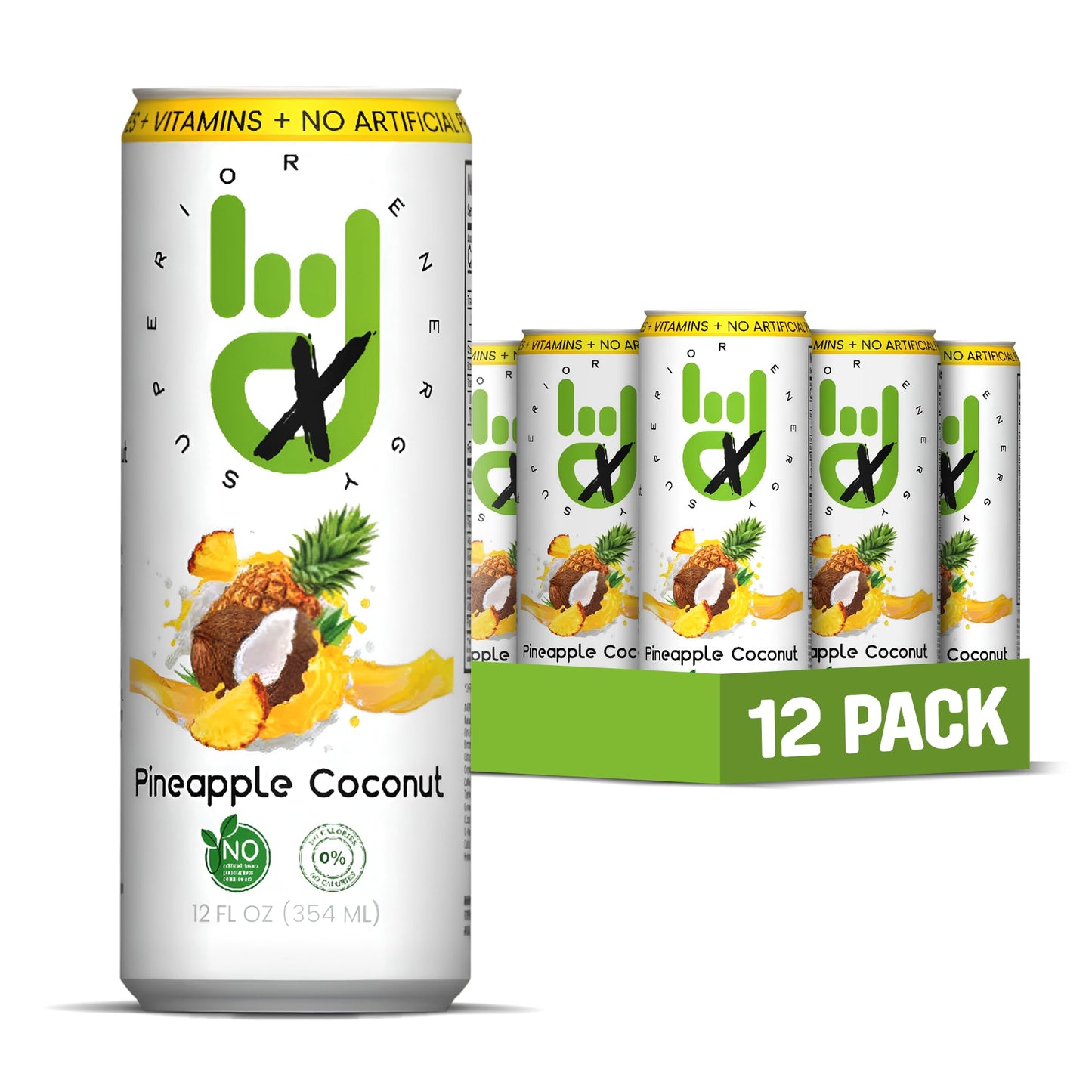Superior Energy Electrolytes Drink Zero Calories - Energy Drink Zero Sugar - Pineapple Coconut Flavor, 90mg Natural Caffeine - Pack of 12 (12 fl oz