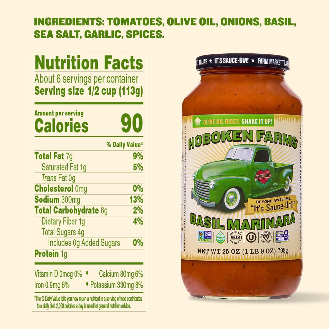 Hoboken Farms Basil Marinara Sauce - No Sugar Added, Non-GMO, Preservative-Free, Low Carb, Keto - Better For You Pasta Sauce! (25 Fl Oz, Pack of 2)