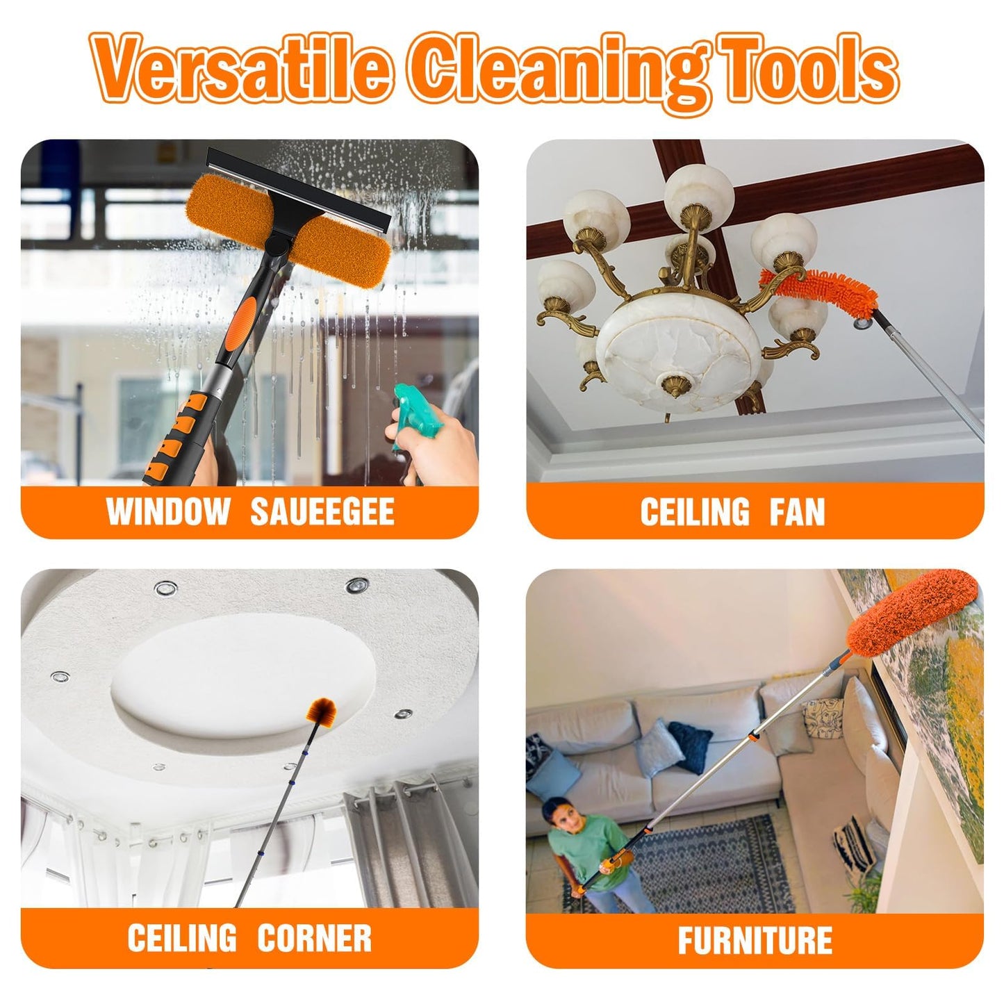 LAANPOLE 26FT High Reach Duster Cleaning Kit with Extension Pole, High Ceiling Fan Cleaner Duster Tool for Fan Blades, Window Washing Kit