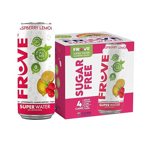 FrUve Super Water | Raspberry Lemon Flavor | 4 Pack 16oz Cans | Healthy Drink | Zero Sugar | Low Calorie Drink | Powerful Antioxidants | Boosts Immune