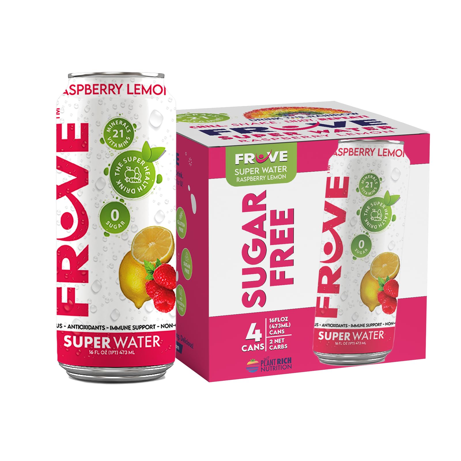 FrUve Super Water | Raspberry Lemon Flavor | 4 Pack 16oz Cans | Healthy Drink | Zero Sugar | Low Calorie Drink | Powerful Antioxidants | Boosts Immune