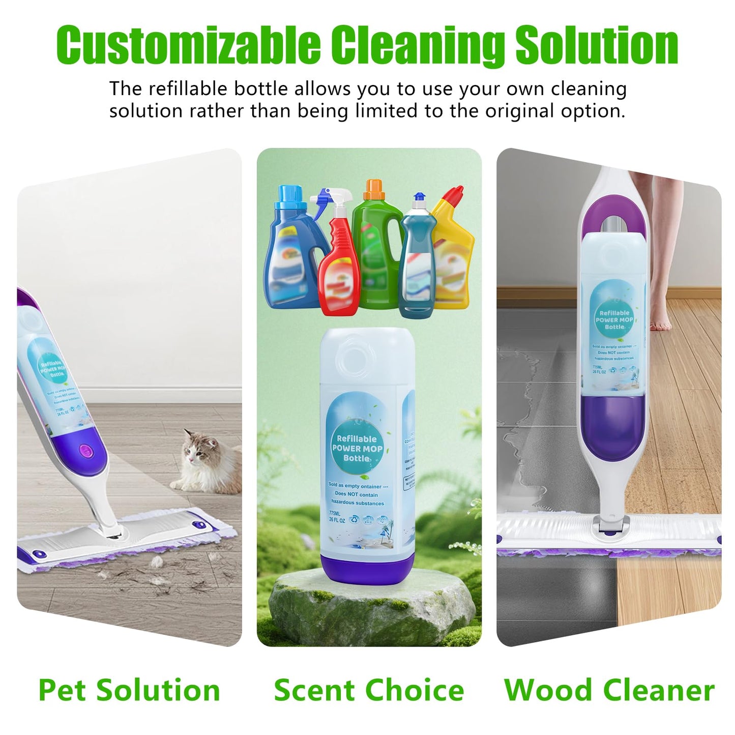 Power Mop Refillable Bottle for Swiffer PowerMop, Empty Reusable Bottle for Power Mop, 26 FL OZ Leak-Proof HDPE Solution Container with 5 Silicone