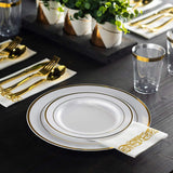 Munfix 100 Gold Plastic Plates Set, 10 Inch Fancy Heavy Duty Elegant Disposable Dinner Plates, For Party, Wedding, White with Gold Rim