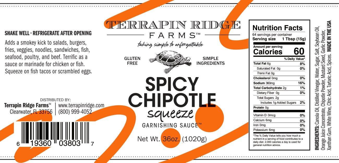 Terrapin Ridge Farms Spicy Chipotle Garnishing Sauce - Smoky & Zesty Sauce for Tacos, Sandwiches, Seafood & More - 36 Ounce Squeeze Bottle (Pack of 1)