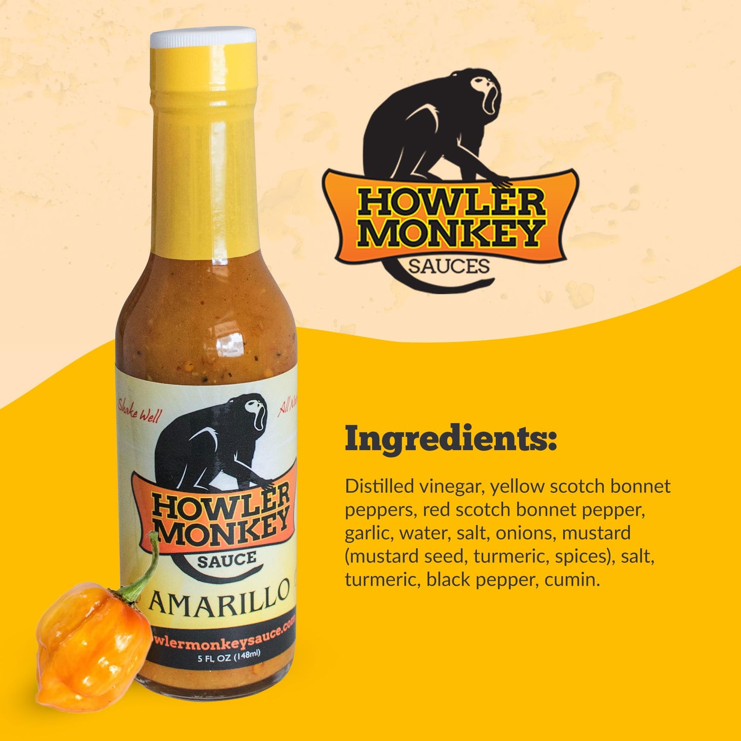 Howler Monkey Sauce - Amarillo Hot Sauce - 5 Fl Oz (Pack of 4)