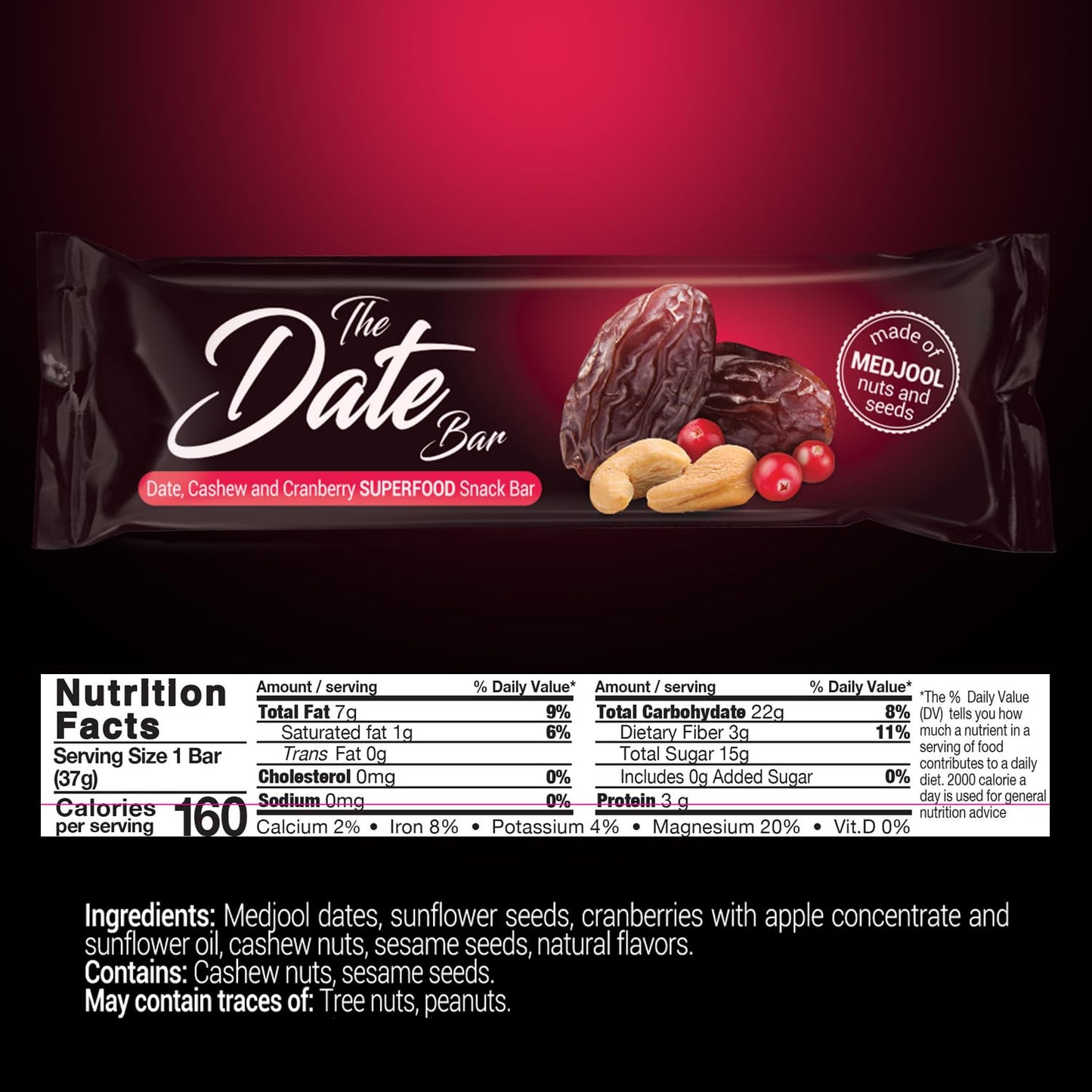 Fruit Nut Seed Healthy Snacks Pack, Medjool Date Cashew Cranberry Bars, Vegan, Gluten Free, No Sugar Added Energy Bar, 12 Ct (1.3 oz each)