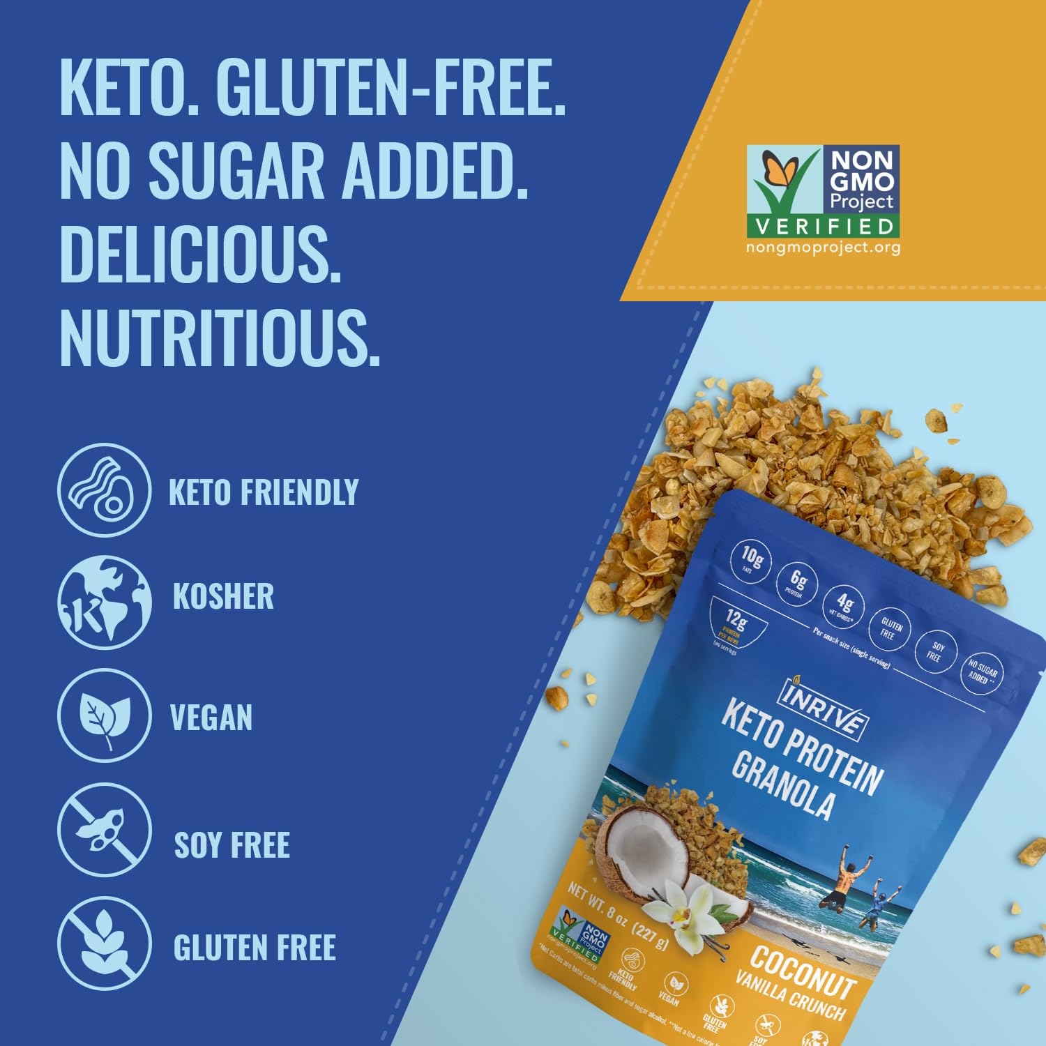 Inrive Keto High Protein Gluten Free Granola (Coconut Vanilla Crunch) Non GMO, No Sugar Added, Vegan, Kosher, Soy Free, 1 Pack