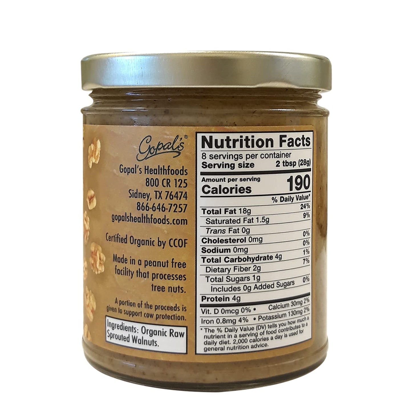Gopal’s Sprouted Organic Raw Walnut Butter, 100% Gluten-Free (Unsalted) 8 Ounces | Keto, and Paleo-Friendly