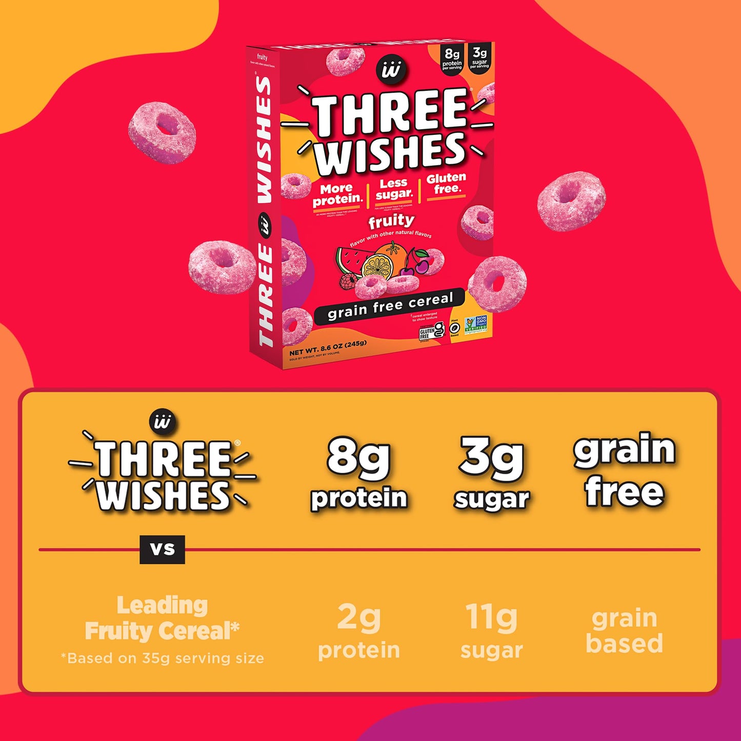 Three Wishes Grain-Free Protein Breakfast Cereal - 8g Protein and 3g Fiber - Healthy, Low-Sugar Breakfast Cereal, Gluten Free, Vegan-Friendly, Non-GMO